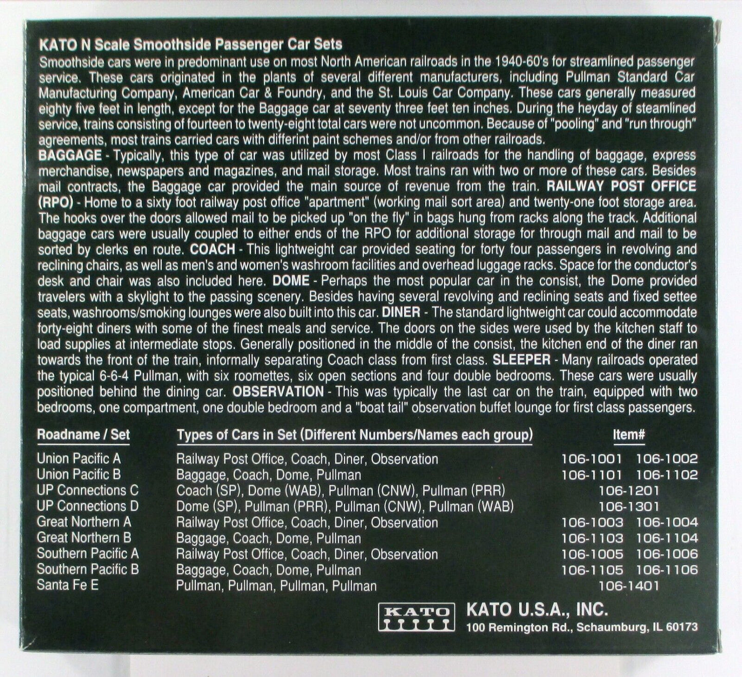N Scale **UNION PACIFIC** Smoothside Passenger Car 4-Pack Set B -- Kato 106-1101