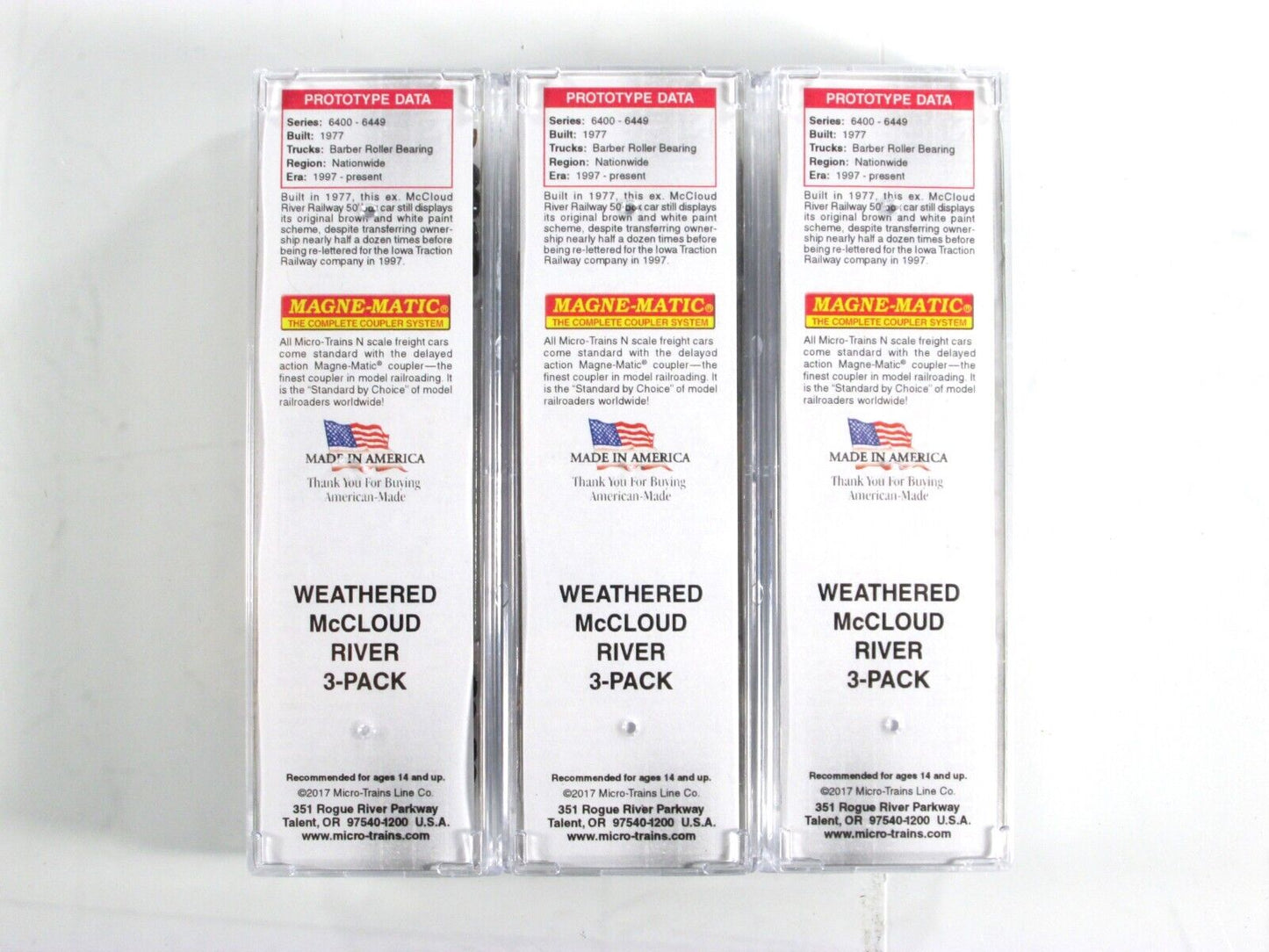 N Scale ***McCLOUD RIVER*** Weathered Box Car 3-Pack Set - Micro Trains 99305400