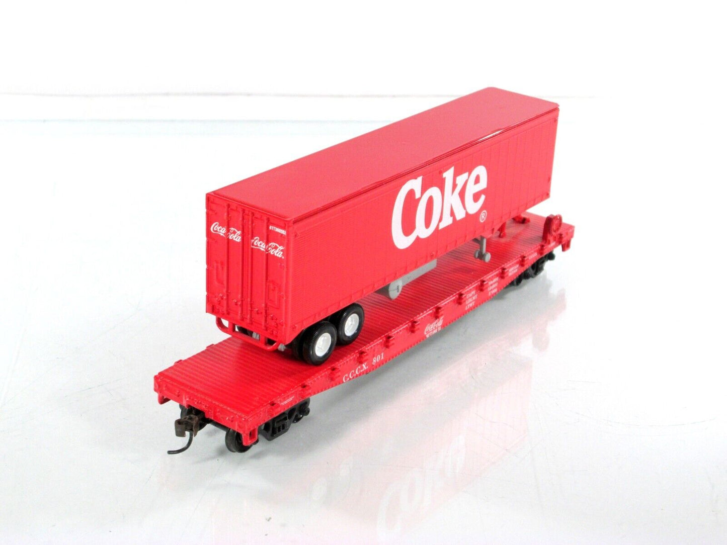 HO Scale ***COKE*** 50' Flat Car &Trailer CCCX 801 - Athearn 8302, Knuckle Cplrs