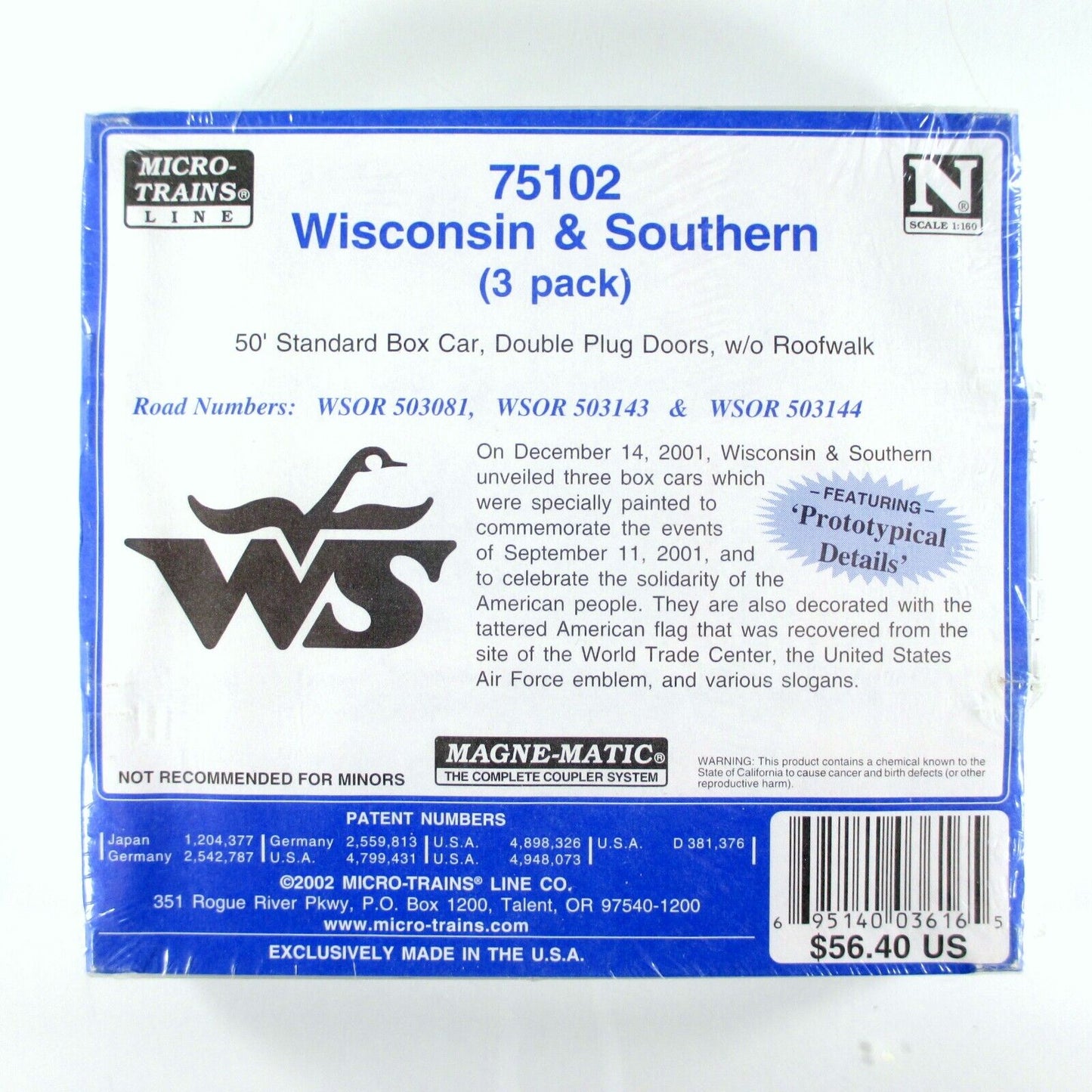N Scale **WISCONSIN SOUTHERN** 9-11 Memorial Box Car 3-Pack - Micro Trains 75102