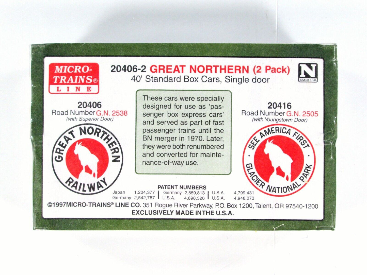 N Scale **GREAT NORTHERN** 40' Box Car 2-pack #2505, 2538 - Micro Trains 20406-2