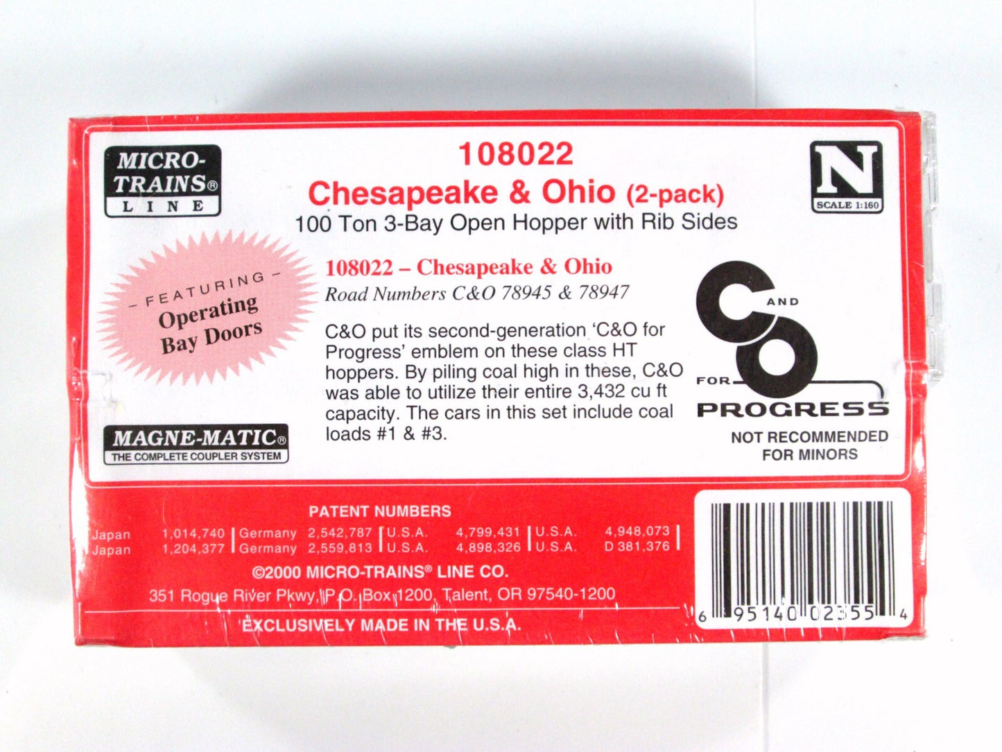 N Scale **CHESAPEAKE & OHIO* 100-Ton Coal Hopper 2-Car Set - Micro Trains 108022