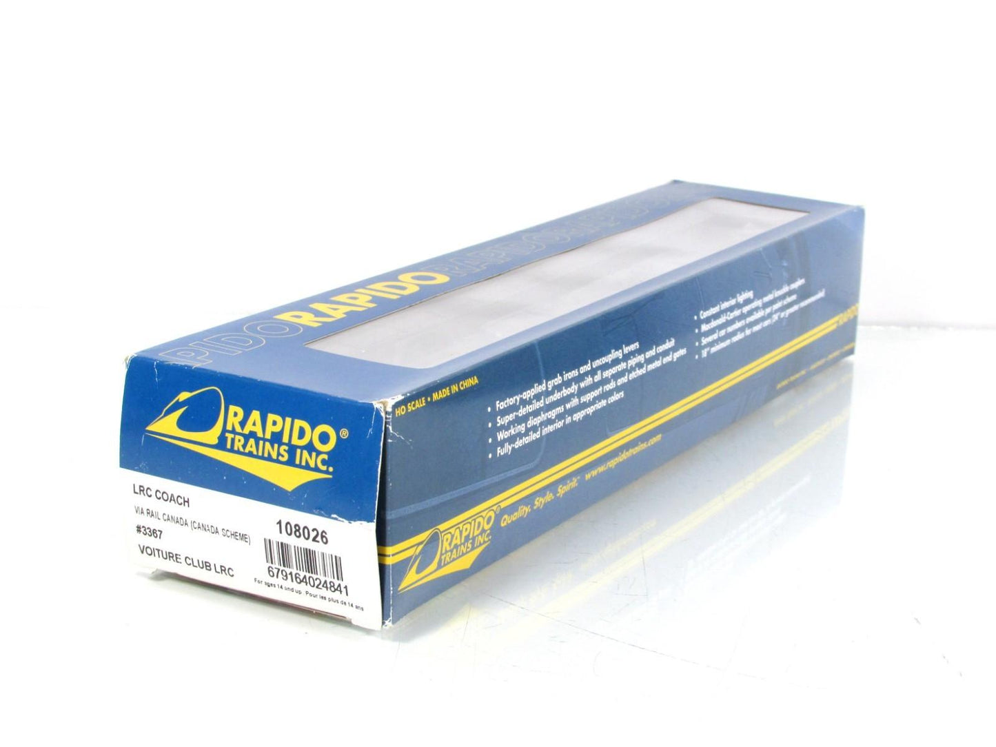 HO Scale ***VIA RAIL CANADA*** Lightweight Coach #3367 - Rapido 108026, Lighted