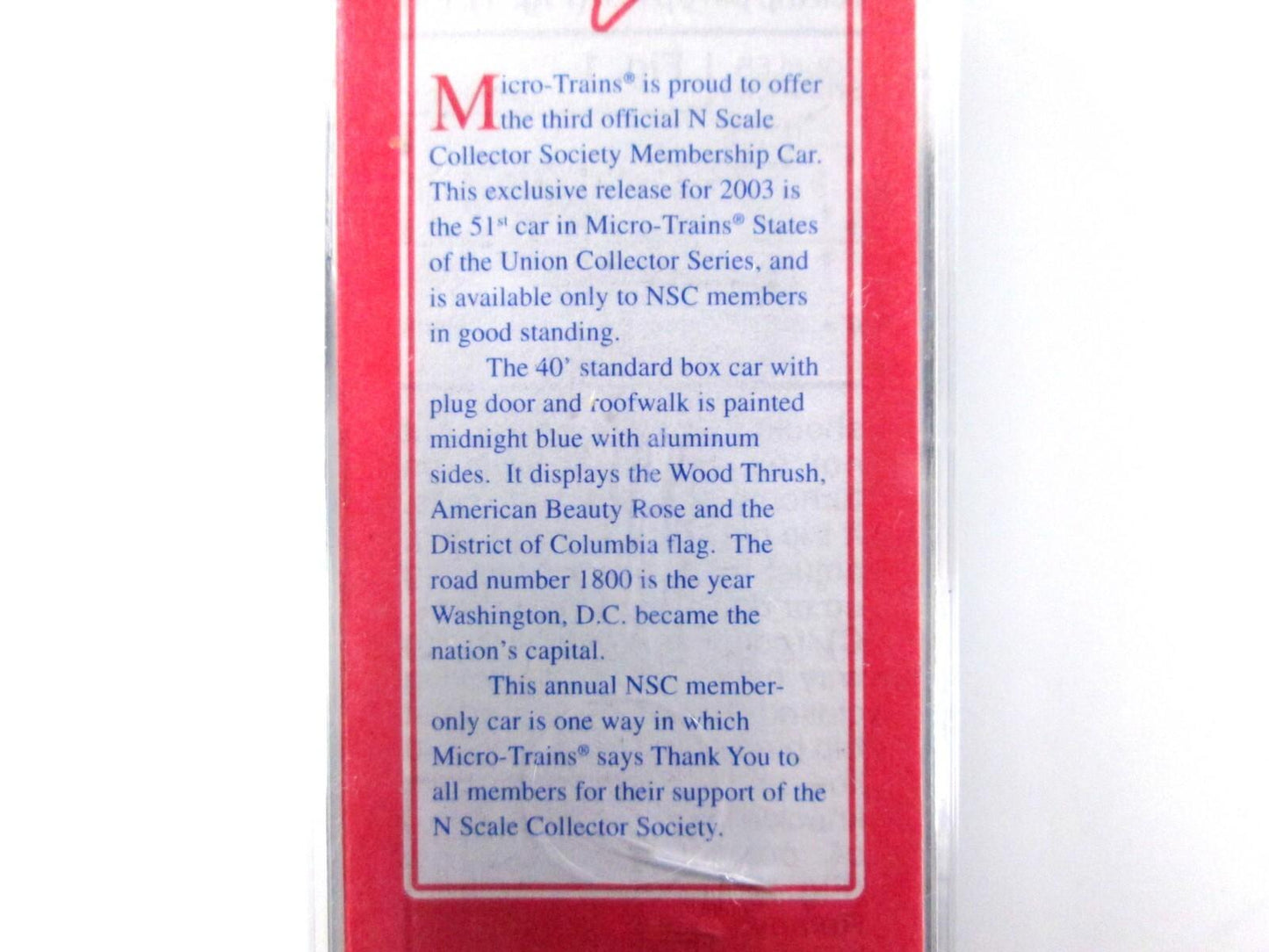 N Scale **DISTRICT of COLUMBIA, Washington DC** Box Car #1800 - Micro Trains NSC