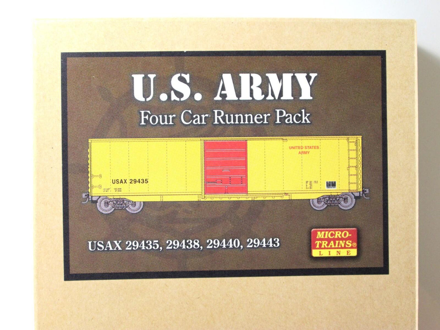 N Scale ***US ARMY*** 50' Box Car 4-Pack, w/ Crate Loads - Micro Trains 99300019