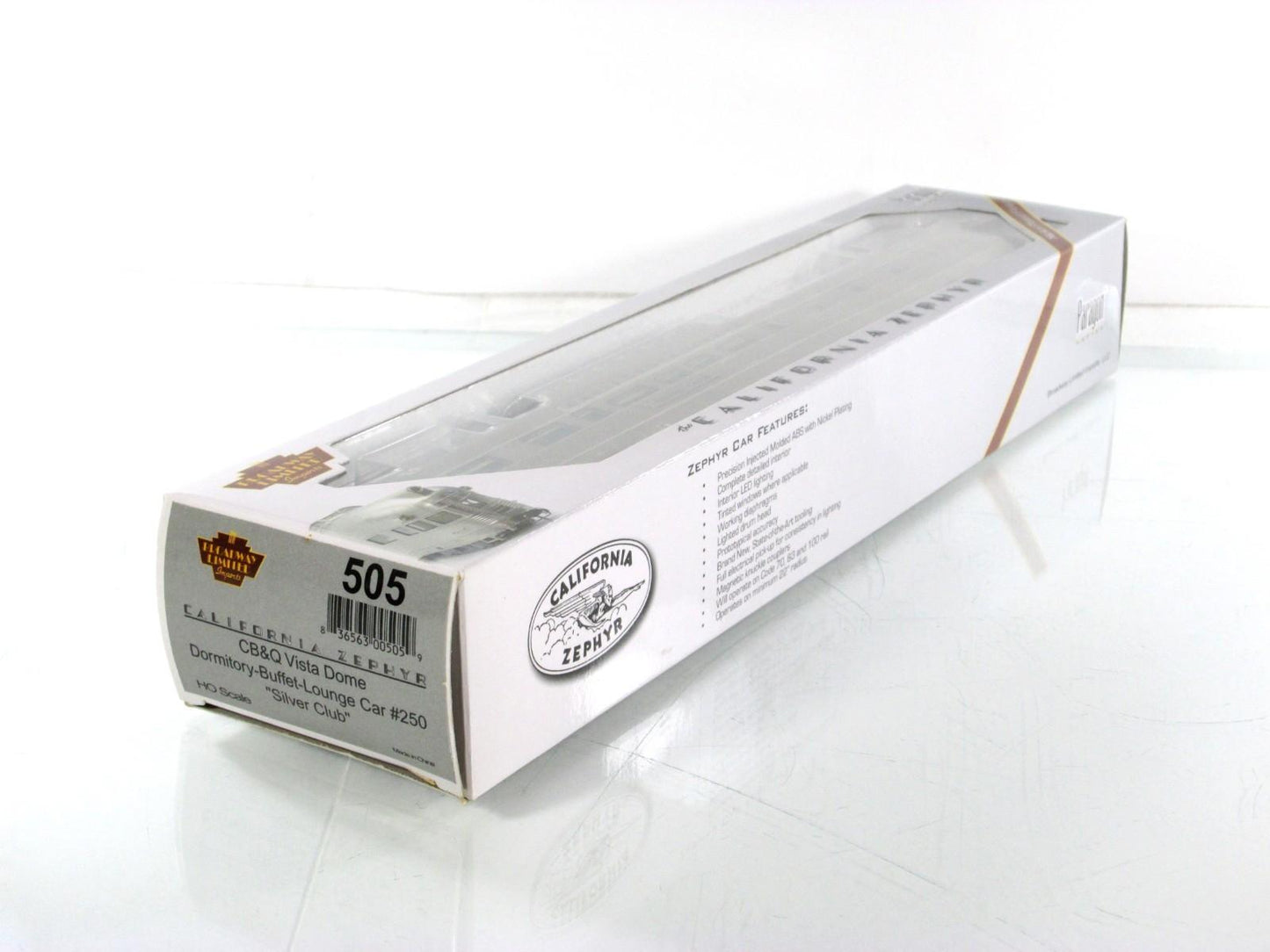 HO Scale ***CB&Q CA ZEPHYR*** SILVER CLUB Vista Dome 250 - Broadway 505, Lighted