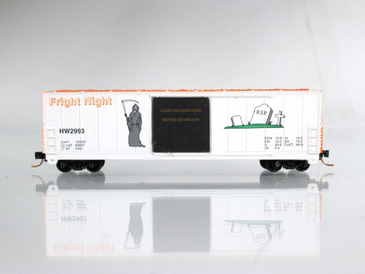 N Scale Halloween FRIGHT NIGHT / GRIM REAPER Box Car --Bev-Bel, MTL Clprs *RARE
