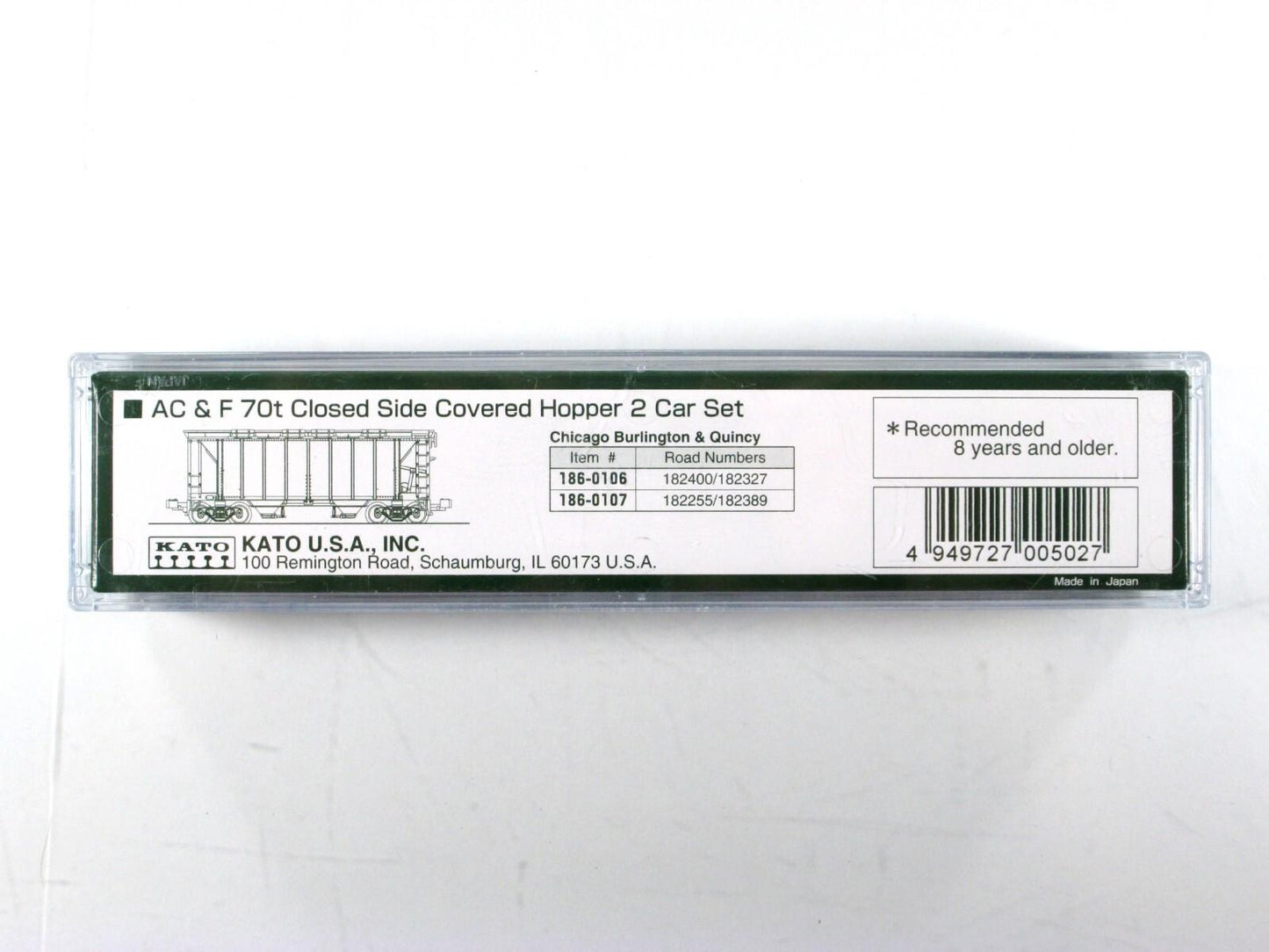 N Scale ***BURLINGTON, CB&Q*** 2-Bay Hoppers #182255,182389 ------ Kato 186-0107