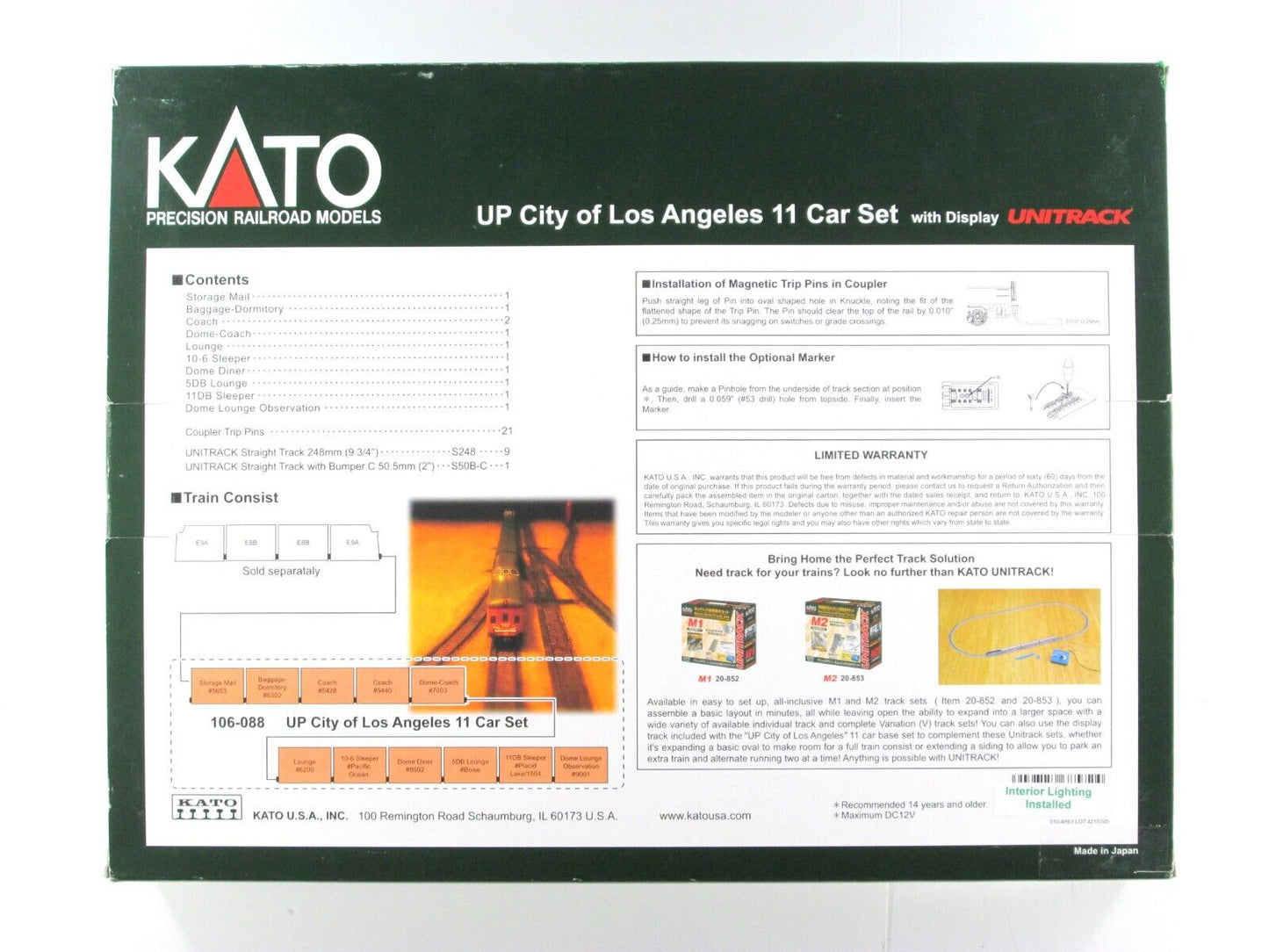 N Scale UNION PACIFIC *CITY of LOS ANGELES* 11-Car Set -Kato 106-088-1 *LIGHTED*