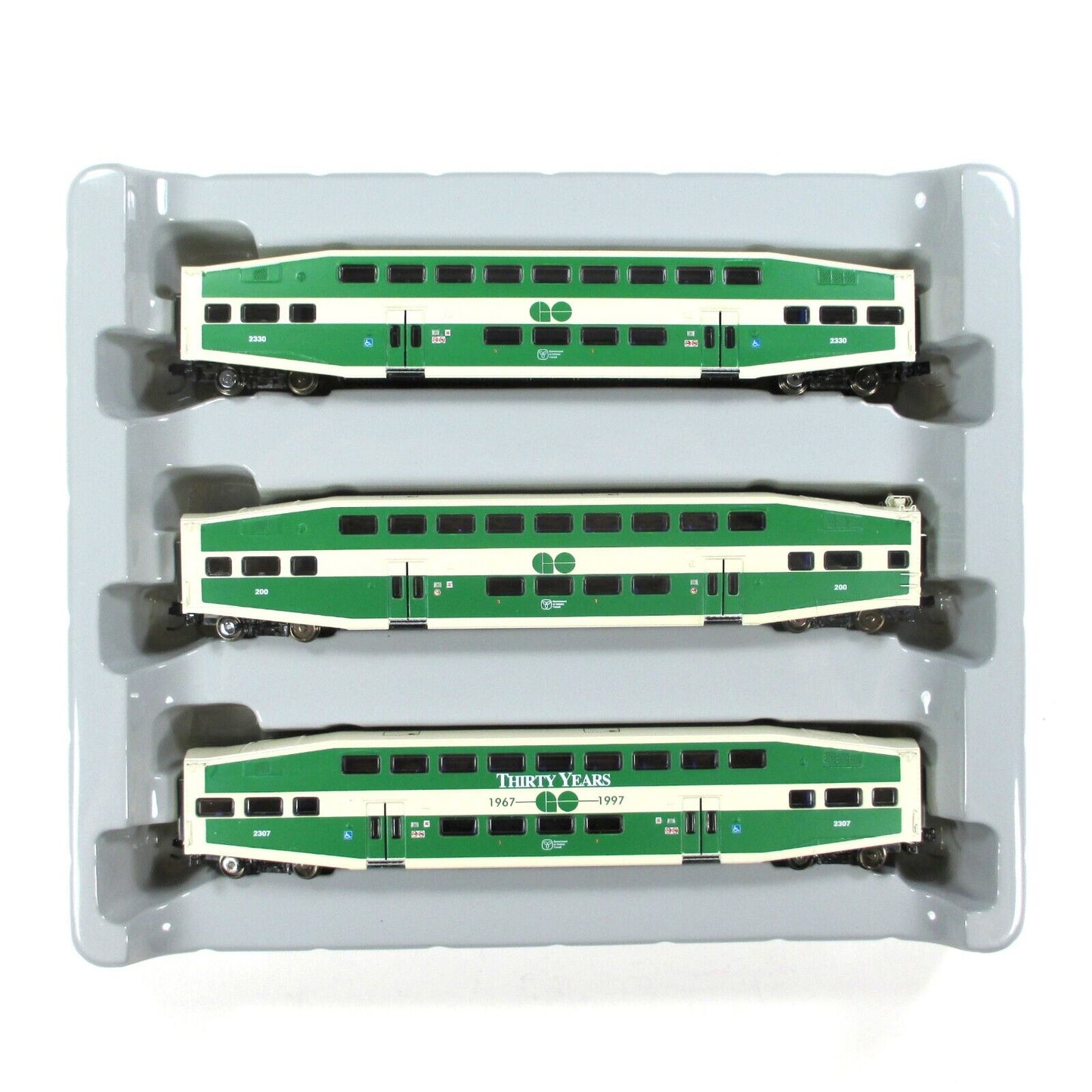 N Scale GO TRANSIT BOMBARDIER Bi-Level Passenger Car 3-Pack Set -- Athearn 10161