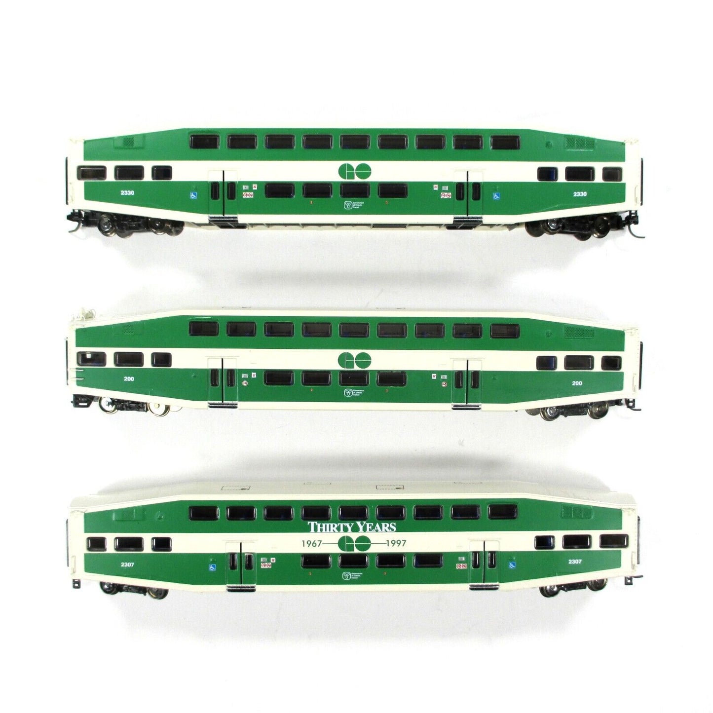 N Scale GO TRANSIT BOMBARDIER Bi-Level Passenger Car 3-Pack Set -- Athearn 10161