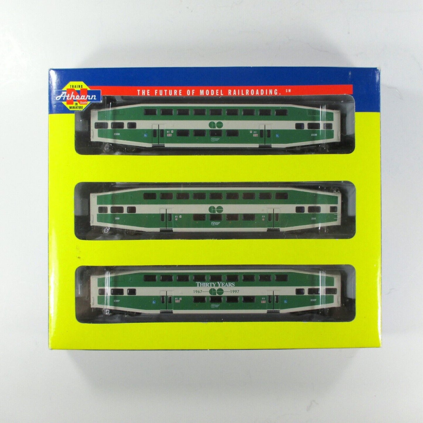 N Scale GO TRANSIT BOMBARDIER Bi-Level Passenger Car 3-Pack Set -- Athearn 10161