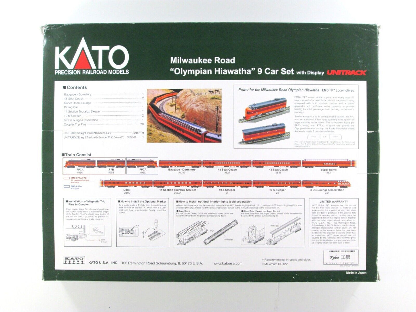 N Scale MILWAUKEE **OLYMPIAN HIAWATHA** 9-Car Set --- Kato 106-082-1 **LIGHTED**