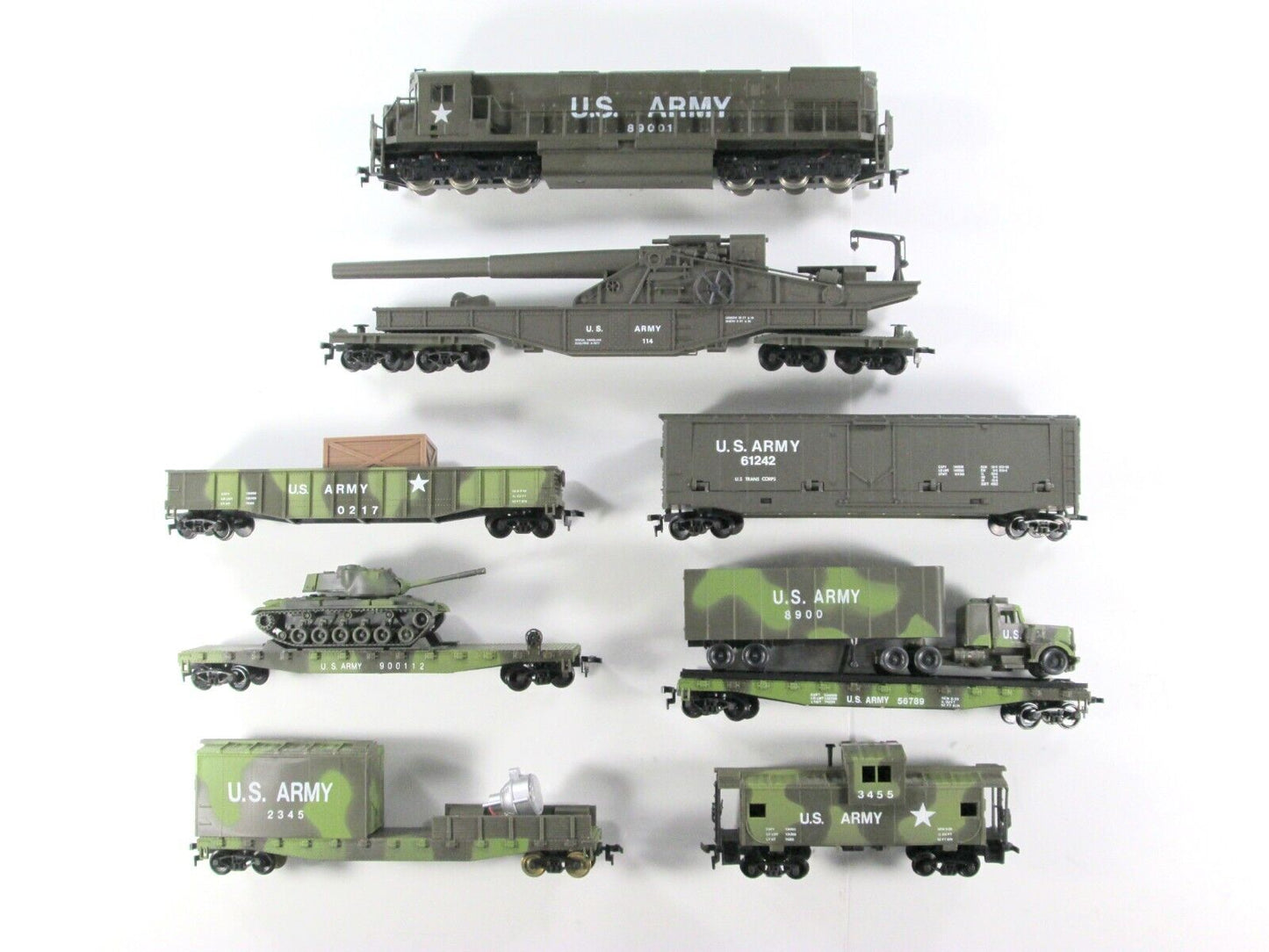 HO Scale US ARMY Military Train Set w/ Guns, Tank, Locomotive, Caboose, etc -AHM
