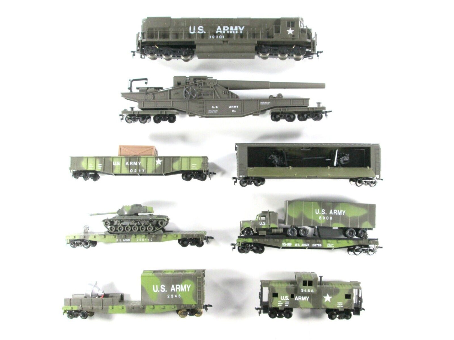 HO Scale US ARMY Military Train Set w/ Guns, Tank, Locomotive, Caboose, etc -AHM
