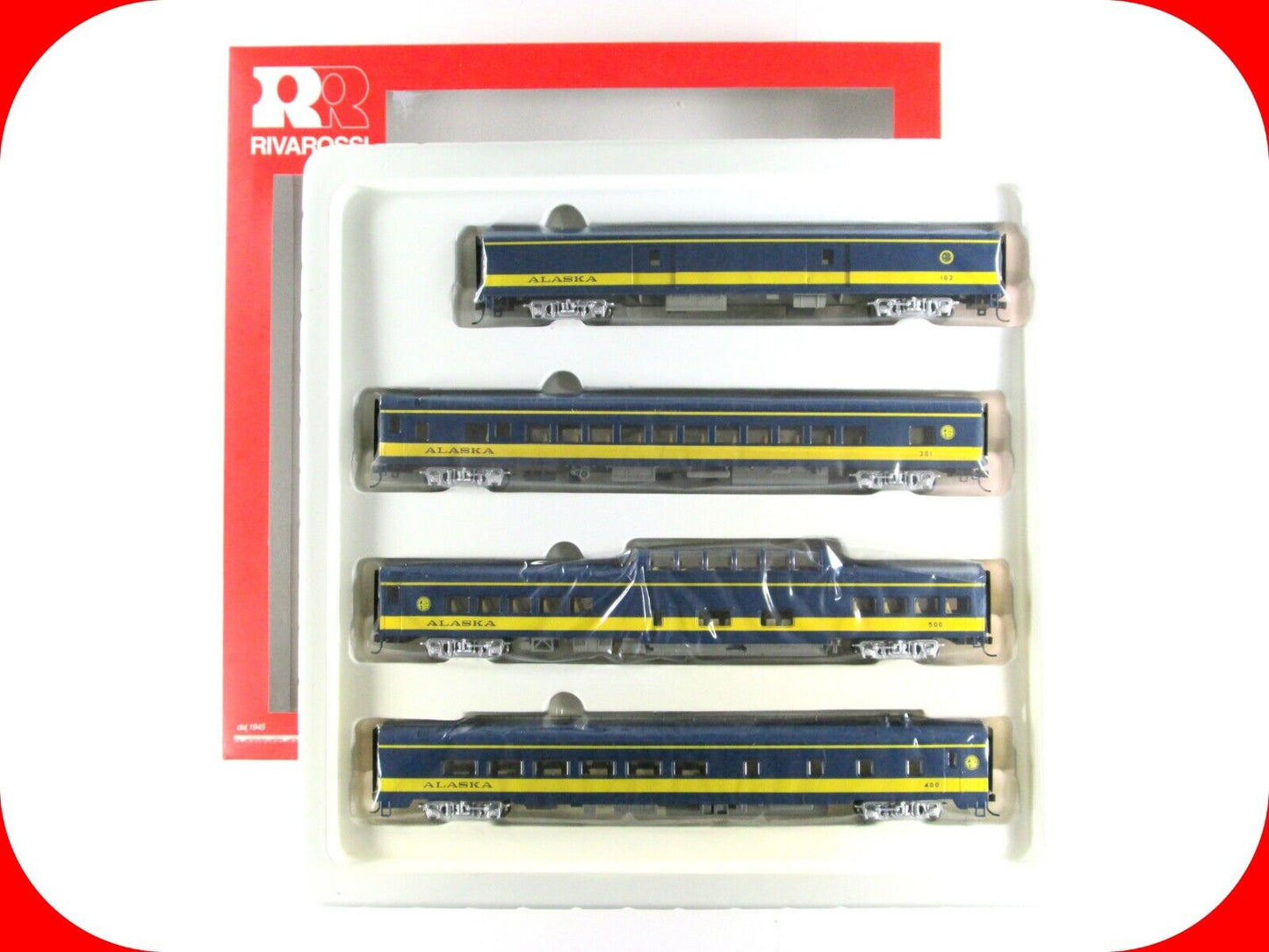 HO Scale ALASKA RAILROAD Passenger 4-Car Set -- Rivarossi RT600034, Knuckle Cplr