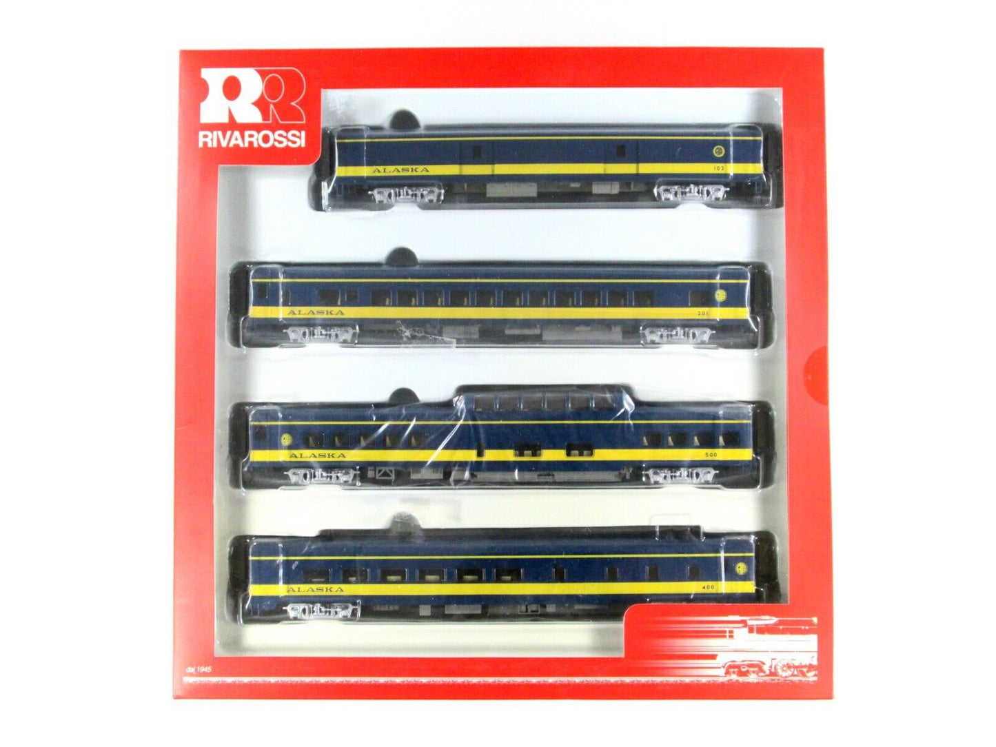HO Scale ALASKA RAILROAD Passenger 4-Car Set -- Rivarossi RT600034, Knuckle Cplr