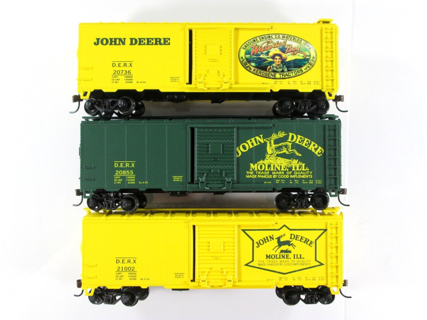 HO Scale JOHN DEERE 40' Single Door Box Car 3-Pack Set - Athearn *Green / Yellow