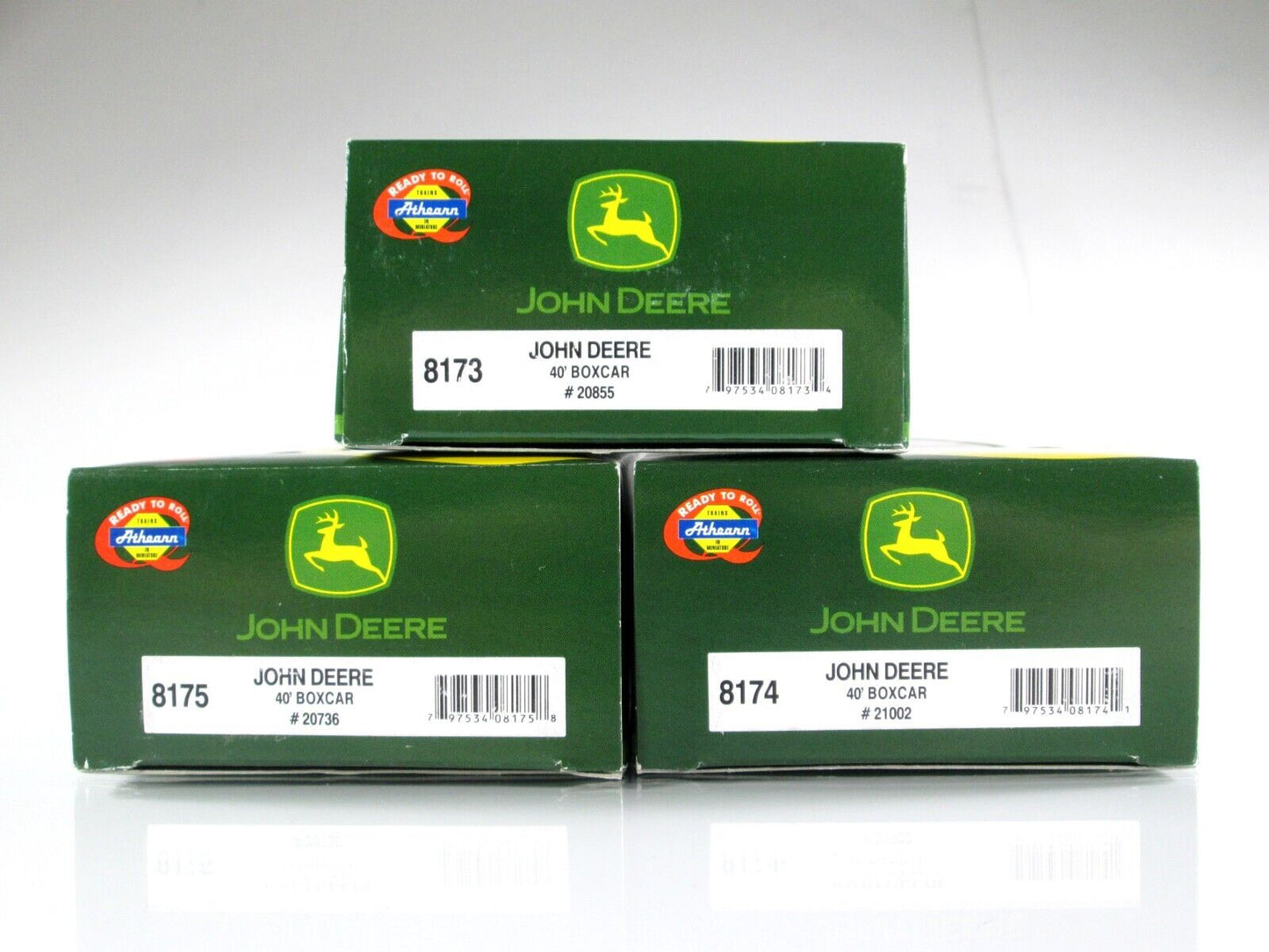 HO Scale JOHN DEERE 40' Single Door Box Car 3-Pack Set - Athearn *Green / Yellow