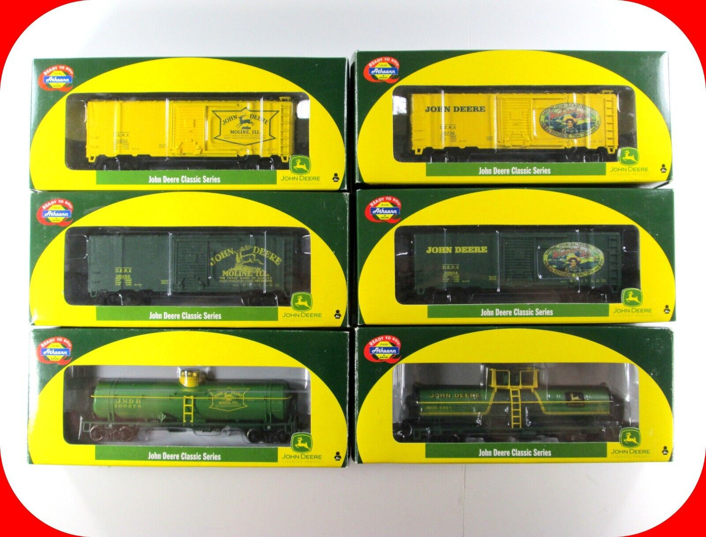 HO Scale JOHN DEERE 40' Box Car and 39' Chemical Tank Car 6-Pack Set --- Athearn