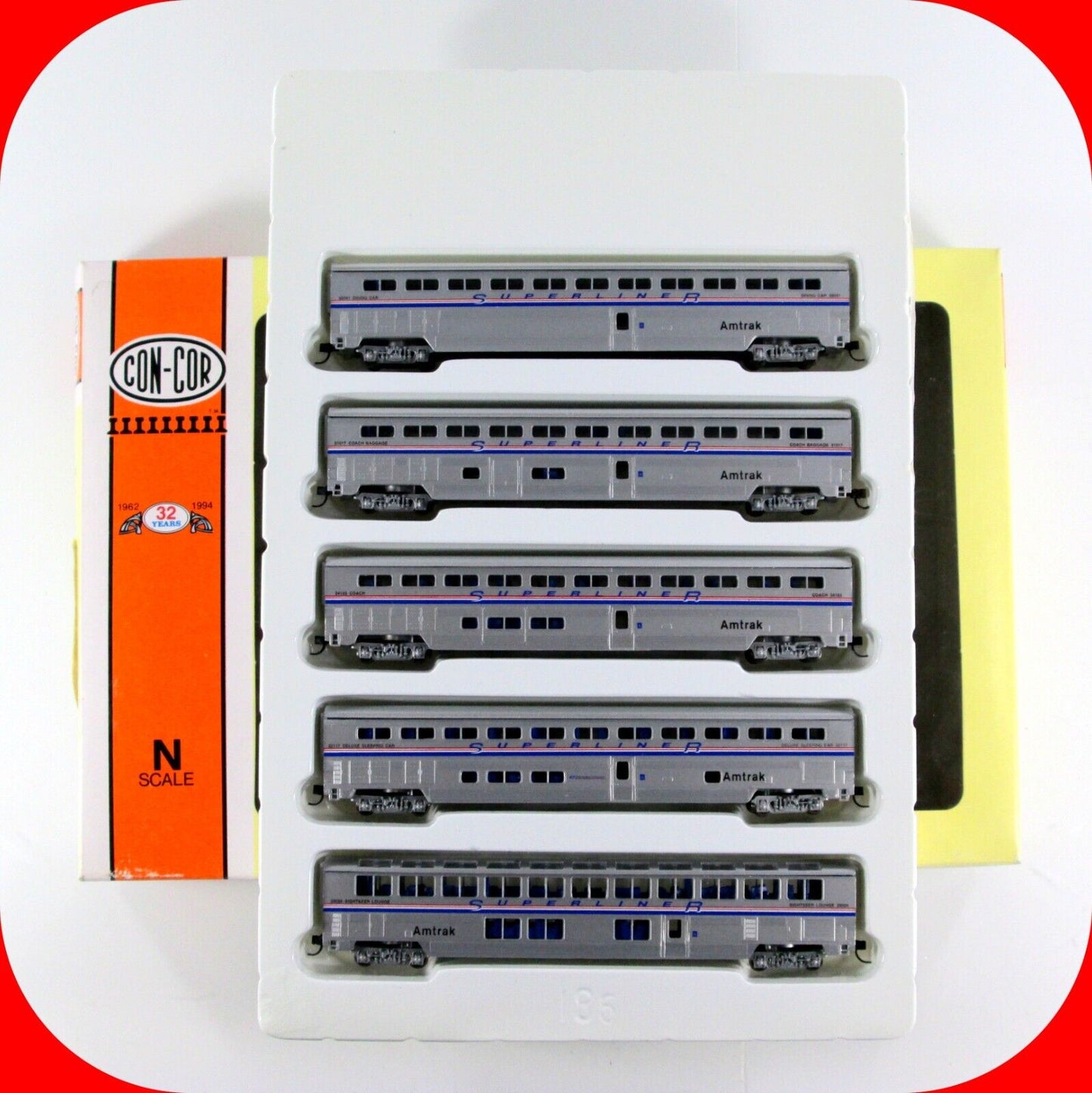 N Scale AMTRAK Phase IV Superliner Bi-Level Passenger 5-Car Set - Con-Cor 004653
