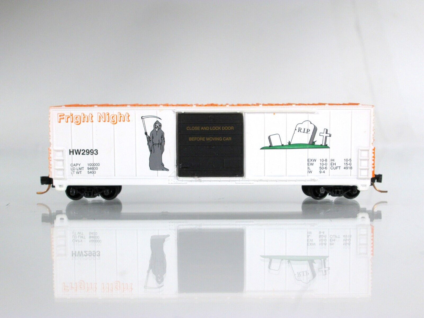 N Scale Halloween FRIGHT NIGHT / GRIM REAPER Box Car - Bev-Bel,  MTL Clprs *RARE