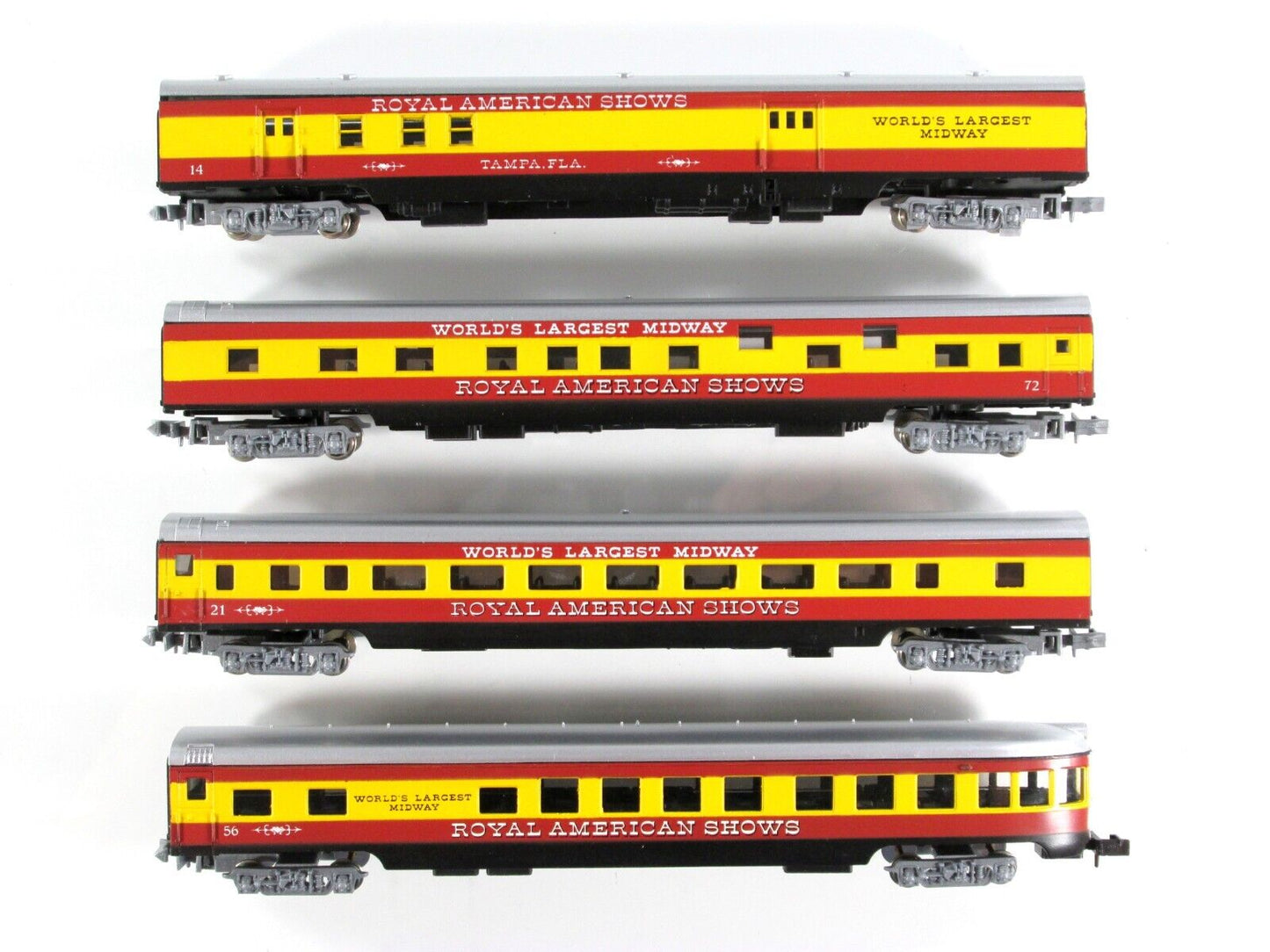 N Scale ROYAL AMERICAN SHOWS Lightweight Passenger Car 4-Pack Set ------ Con-Cor