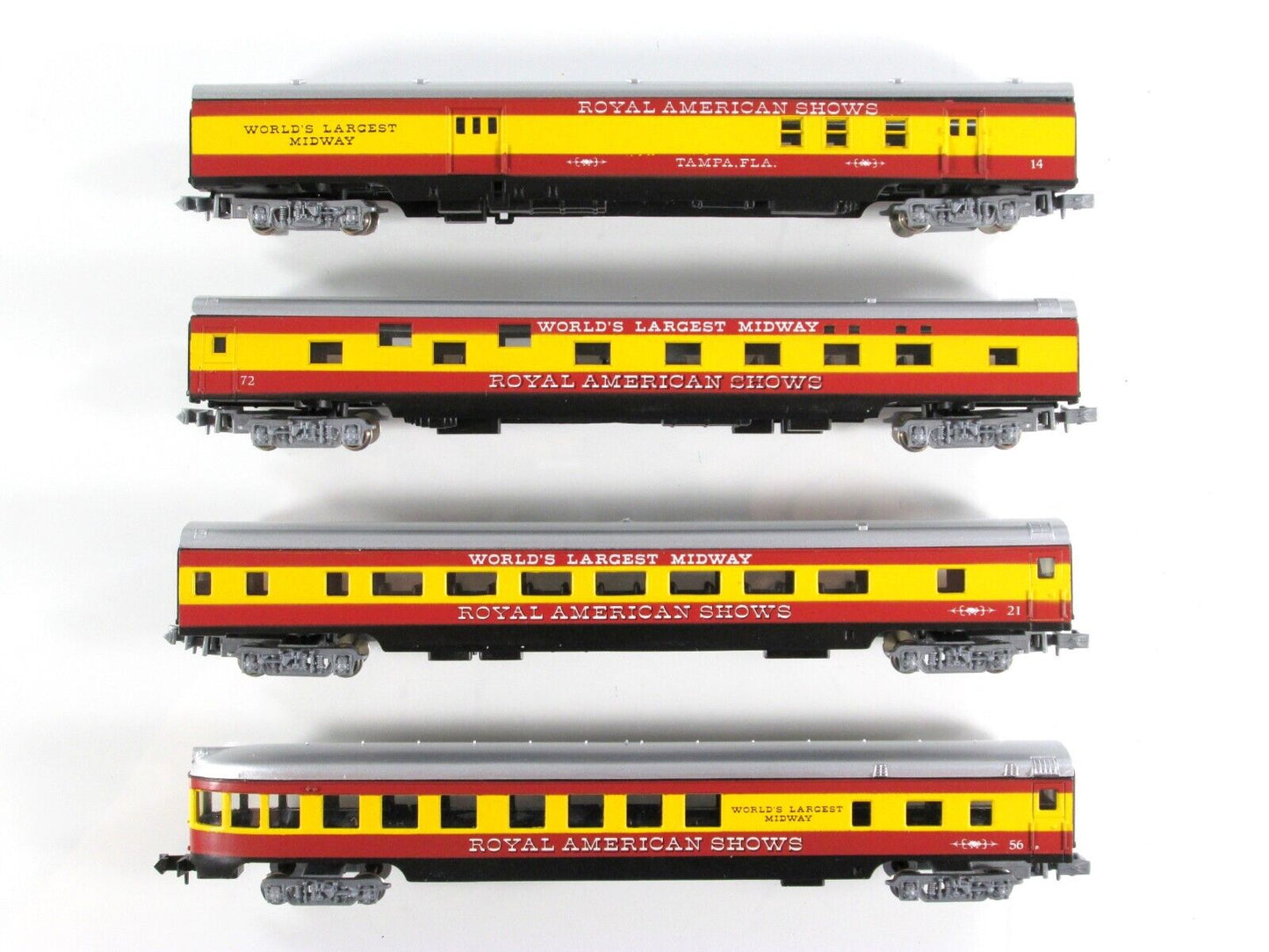 N Scale ROYAL AMERICAN SHOWS Lightweight Passenger Car 4-Pack Set ------ Con-Cor