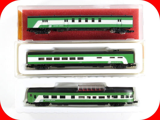 N Scale BURLINGTON NORTHERN Passenger Set - Baggage, Diner, Dome Obs. -- Con-Cor