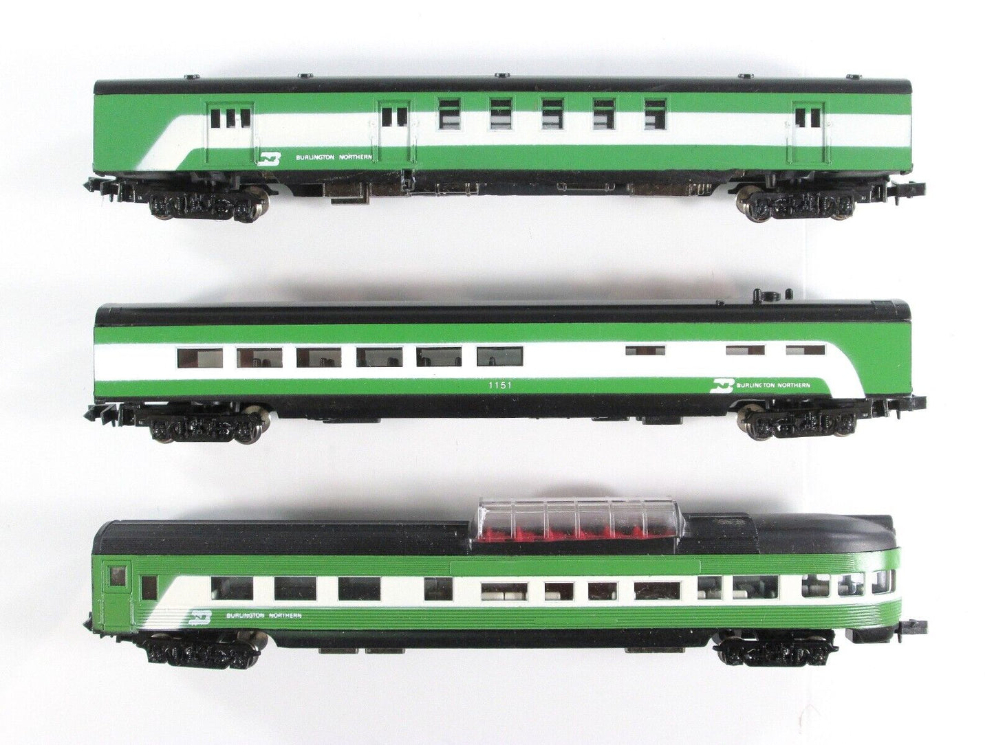 N Scale BURLINGTON NORTHERN Passenger Set - Baggage, Diner, Dome Obs. -- Con-Cor