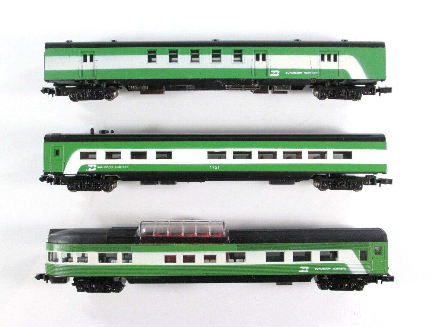 N Scale BURLINGTON NORTHERN Passenger Set - Baggage, Diner, Dome Obs. -- Con-Cor