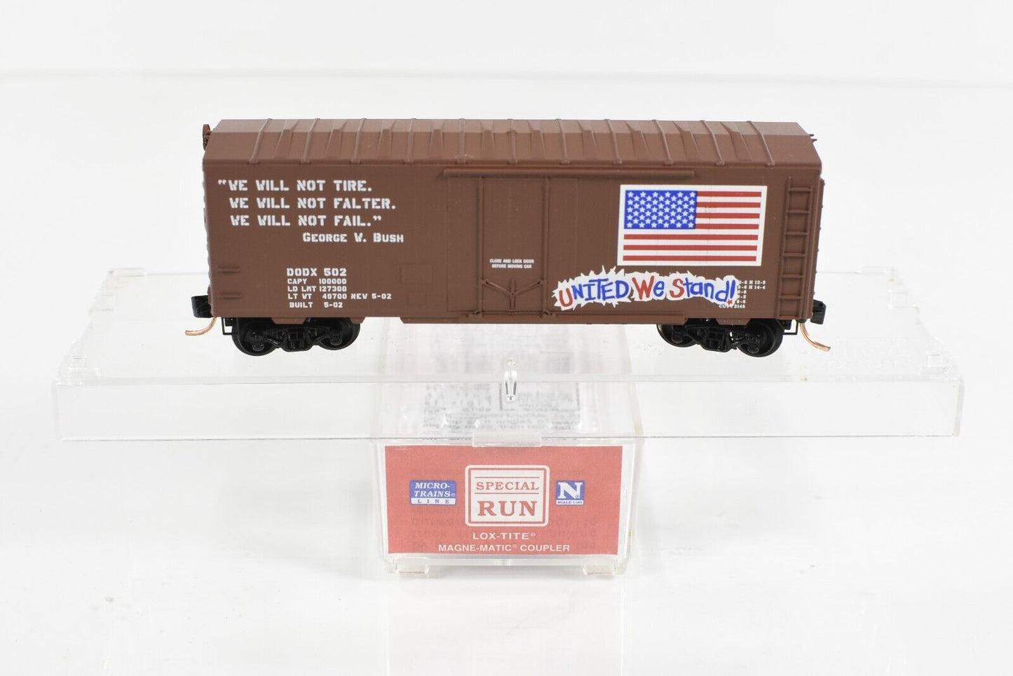 N Scale **UNITED WE STAND** 9/11 Memorial Box Car DODX 502, Micro Trains Special