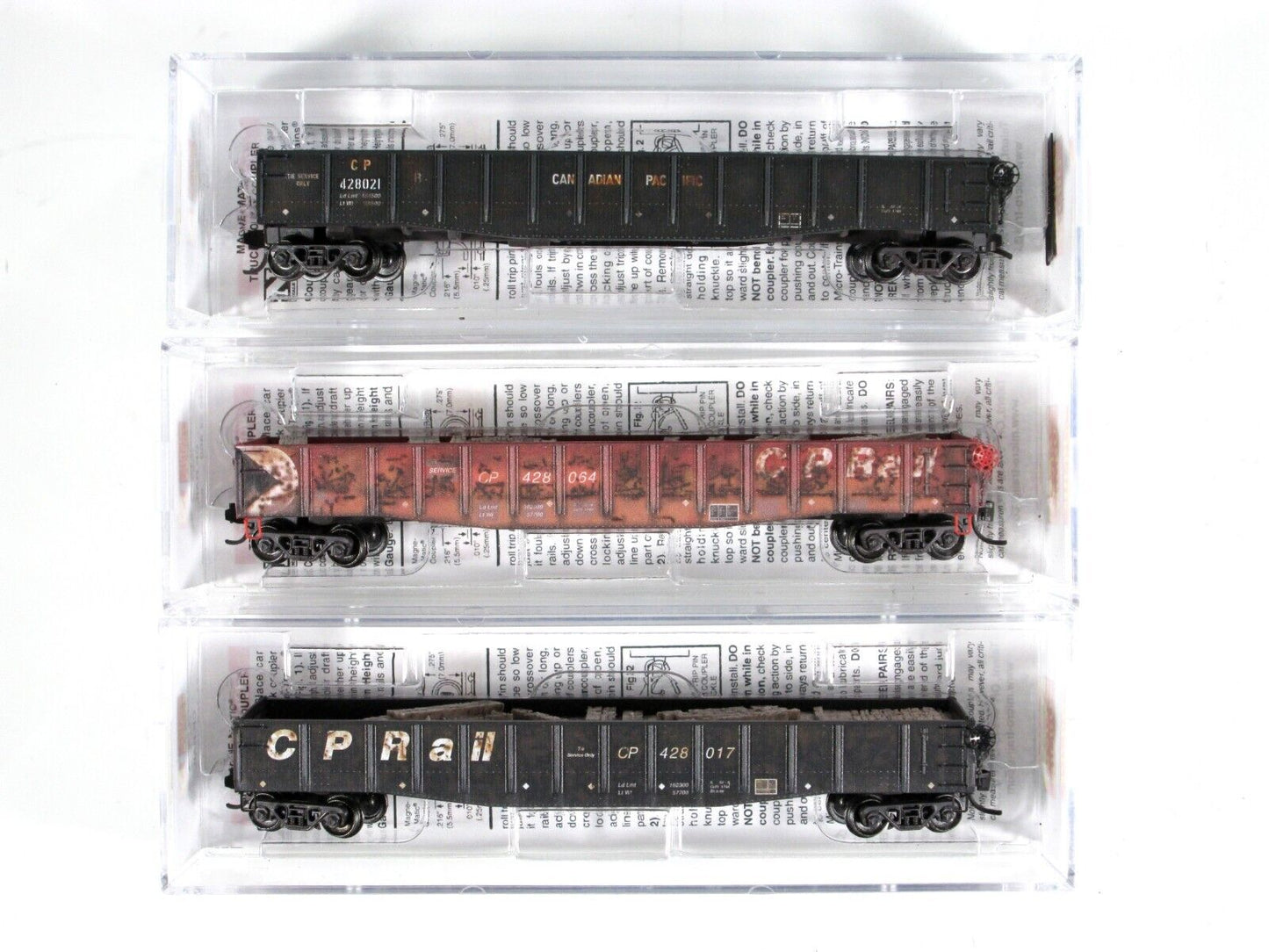 N Scale *CP RAIL*  Weathered Gondola 3-Set -Micro Trains 99302090, No tie Loader