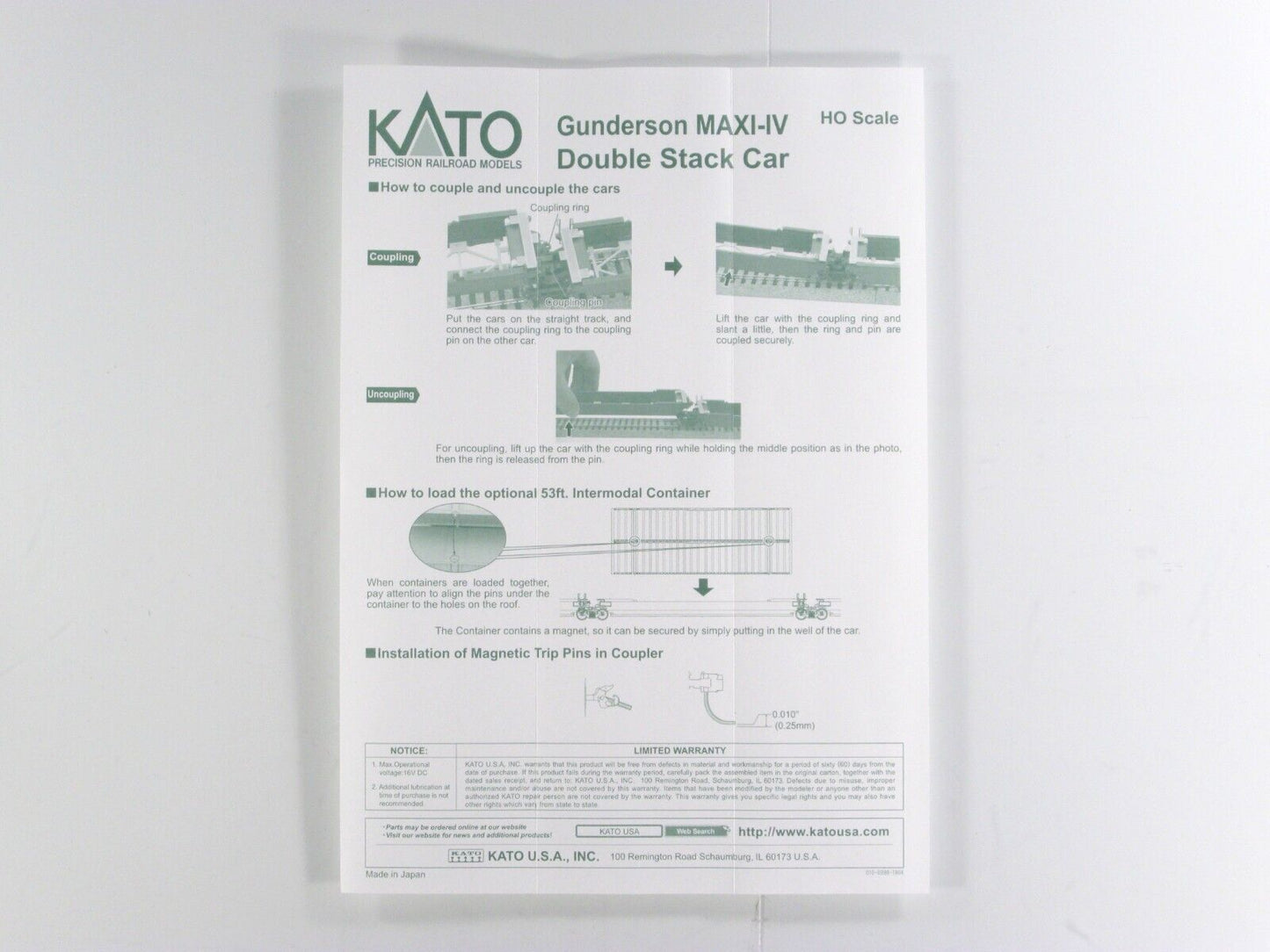 HO Scale BNSF Double Stack Well Car Set for 53' Containers #253411 -Kato 30-9054
