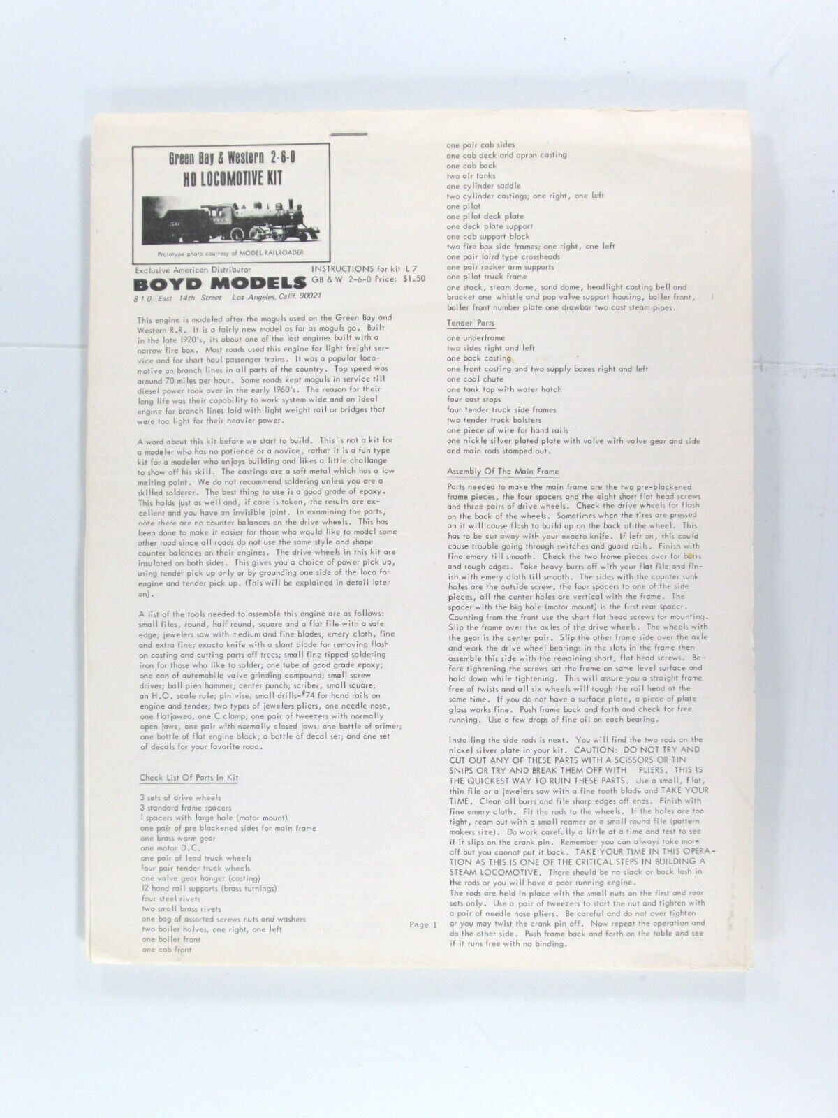 HO Scale Green Bay & Western 2-6-0 Mogul Locomotive Metal Kit, BOYD-KEYSER *RARE