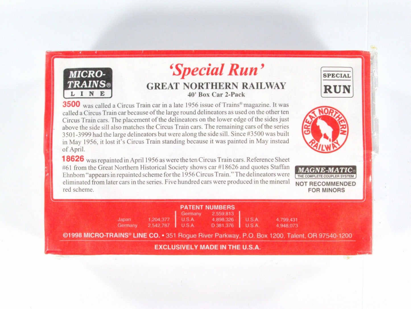 N Scale GREAT NORTHERN *Circus* Box Car 2-pack #3500, 18626 Micro Trains Special