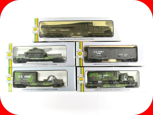 HO Scale US ARMY Military Train Set w/ Guns, Truck, Tank, Searchlight Cars - AHM