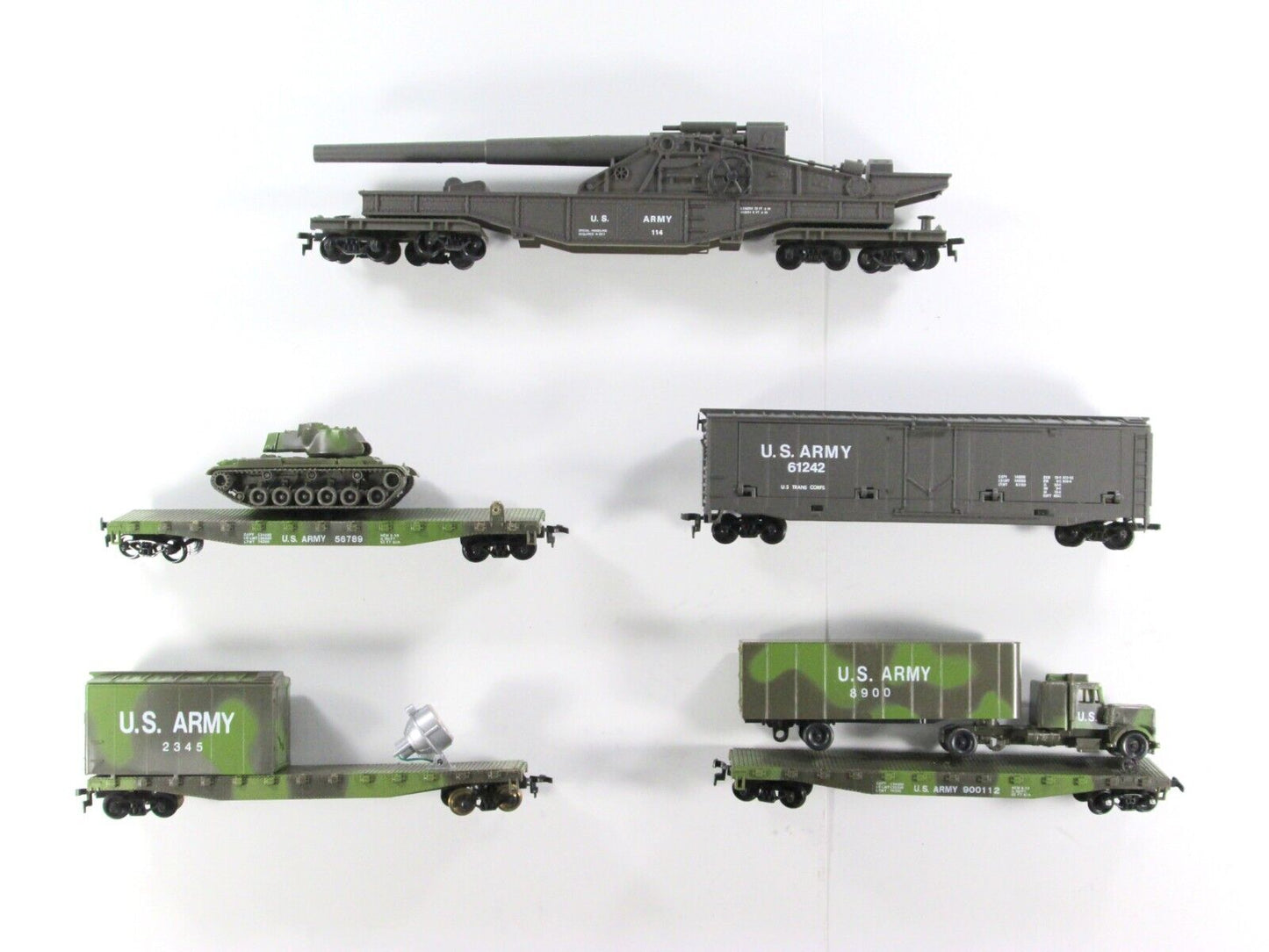 HO Scale US ARMY Military Train Set w/ Guns, Truck, Tank, Searchlight Cars - AHM