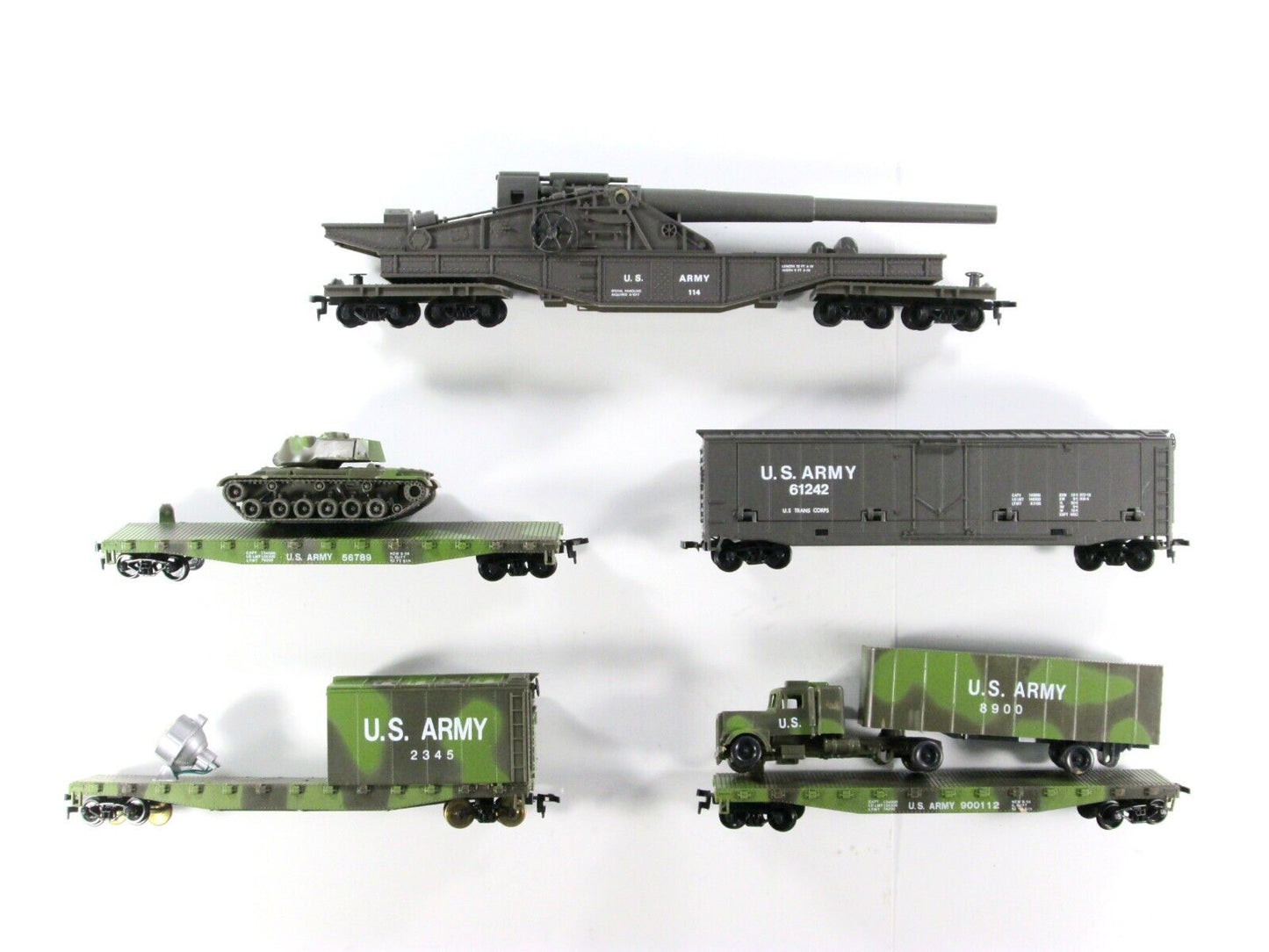 HO Scale US ARMY Military Train Set w/ Guns, Truck, Tank, Searchlight Cars - AHM
