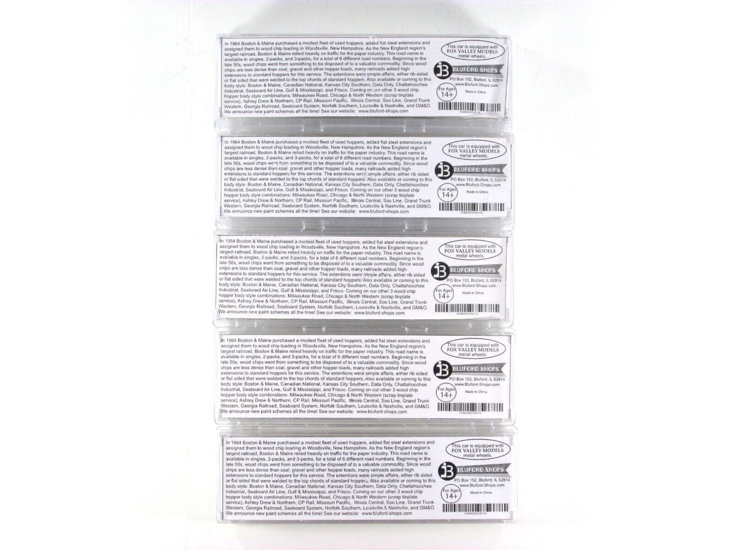 N Scale ***BOSTON & MAINE*** Woodchip Hopper 5-Pack Set w/ Loads - Bluford 16013