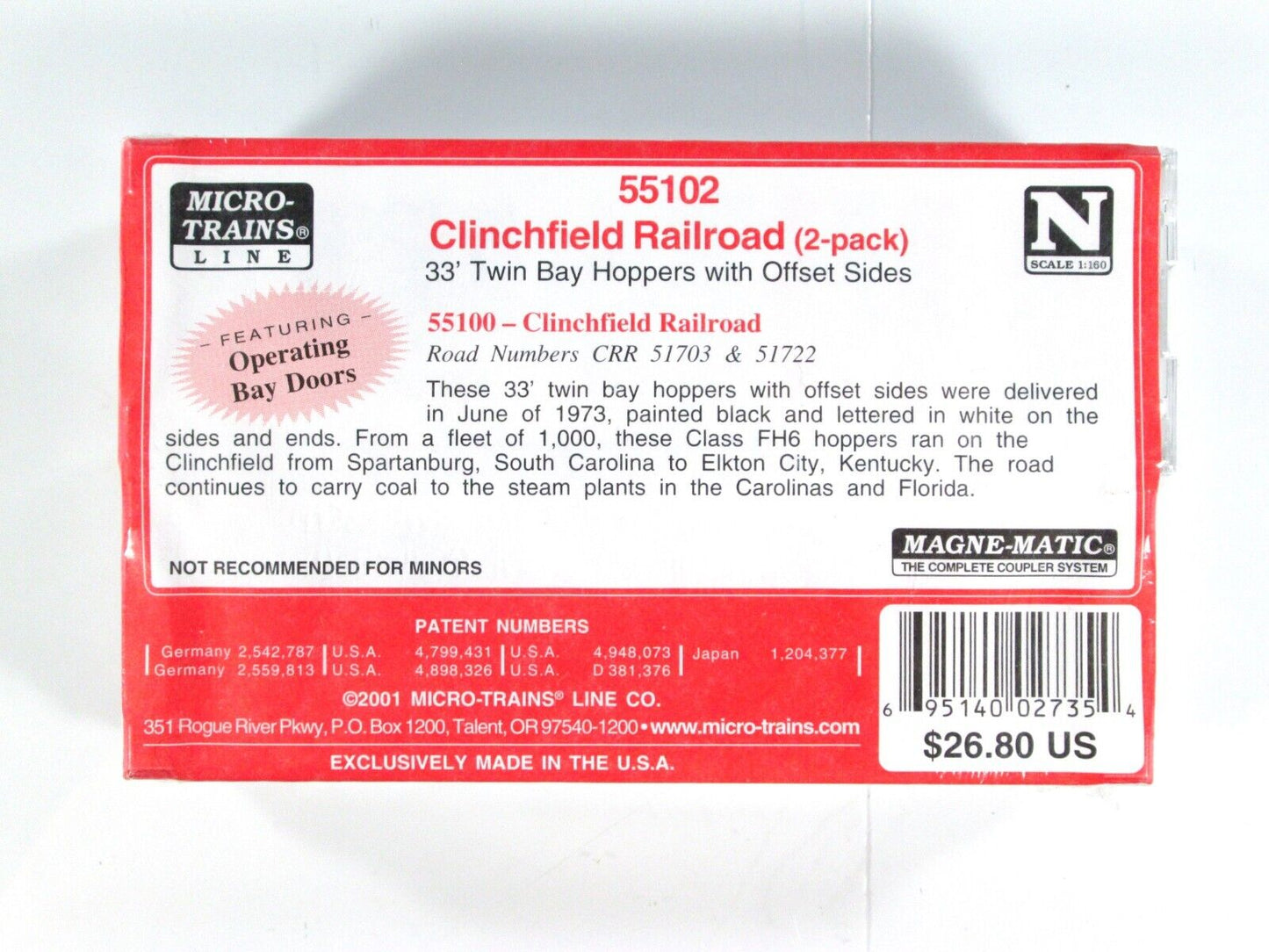 N Scale CLINCHFIELD 33' Coal Hopper Set - CRR 51703, 51722 -- Micro Trains 55102