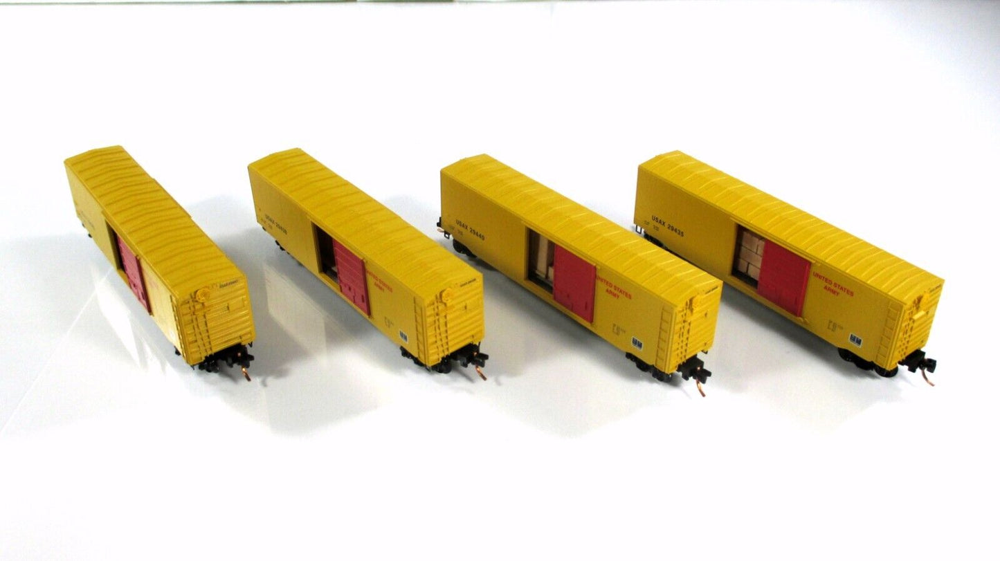 N Scale ***US ARMY*** 50' Box Car 4-Pack, w/ Crate Loads,  Micro Trains 99300019