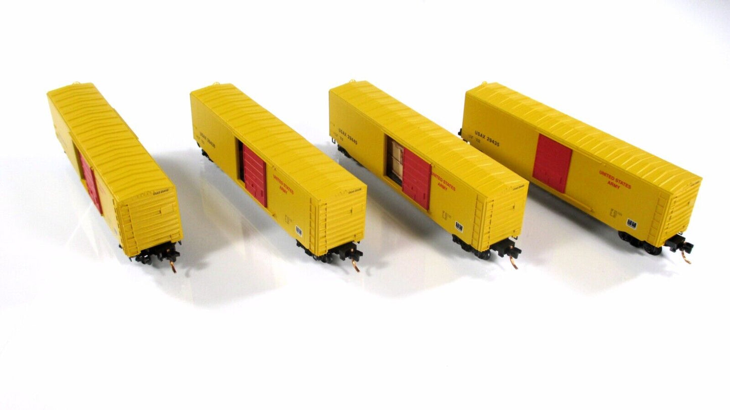 N Scale ***US ARMY*** 50' Box Car 4-Pack, w/ Crate Loads,  Micro Trains 99300019