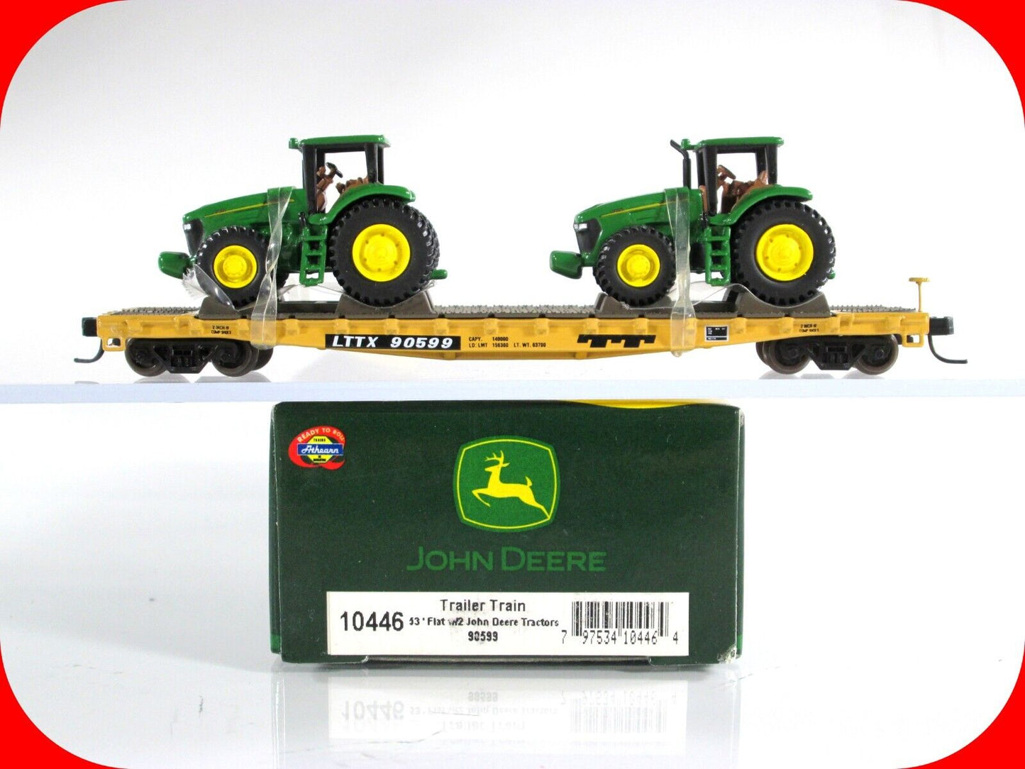 N Scale *JOHN DEERE* Tractors, TRAILER TRAIN Flat Car, TTX 90599 - Athearn 10446