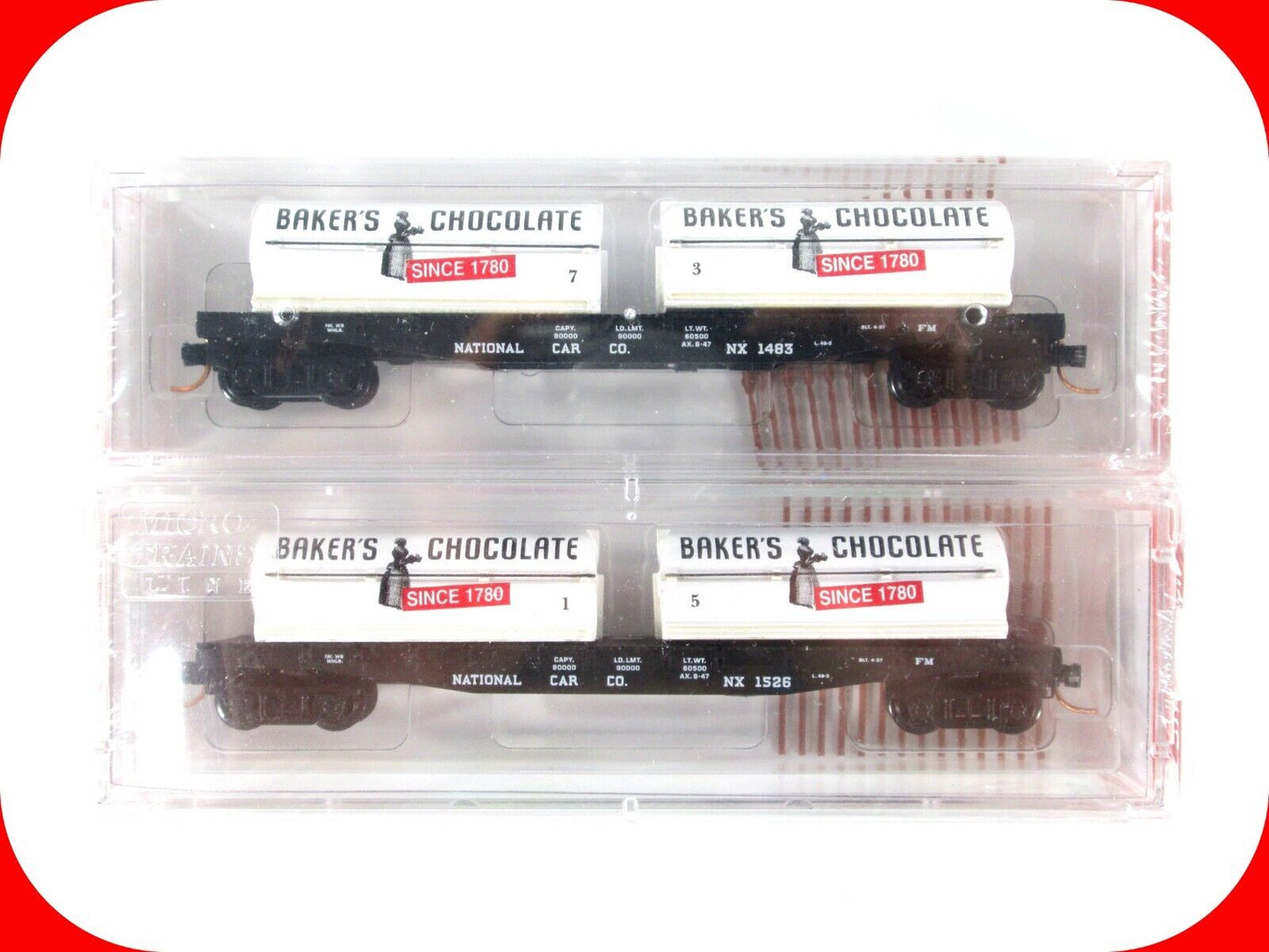 N Scale ***BAKER'S CHOCOLATE*** Dairy Express Flat Car Set - Micro Trains **RARE