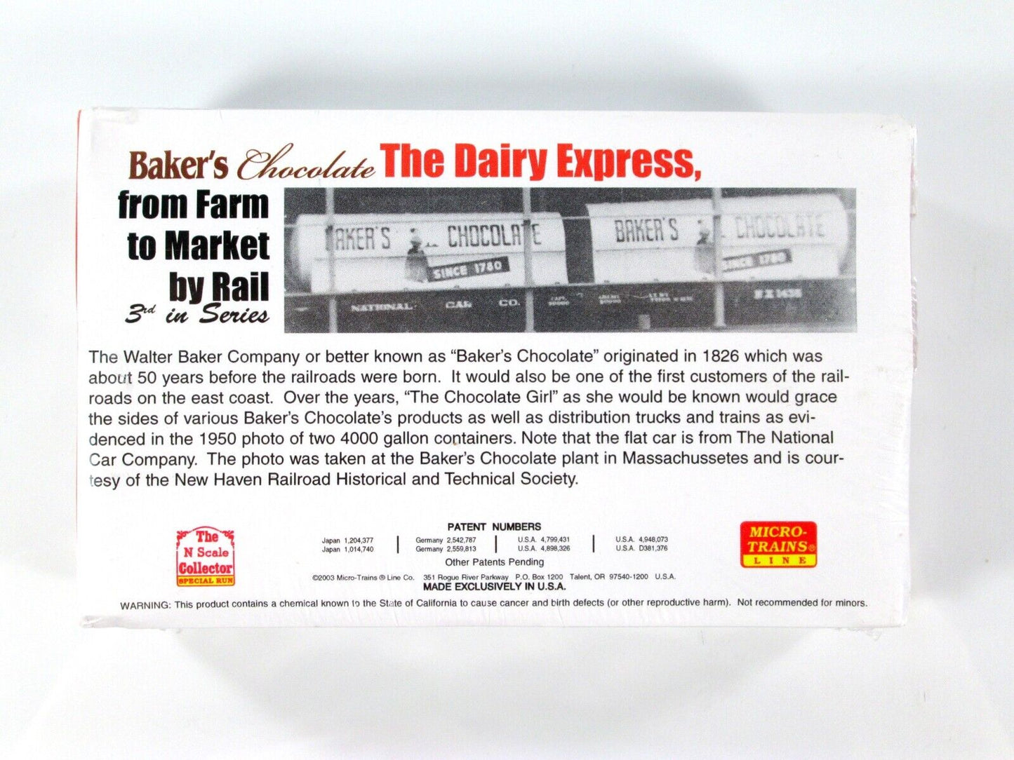 N Scale ***BAKER'S CHOCOLATE*** Dairy Express Flat Car Set - Micro Trains **RARE