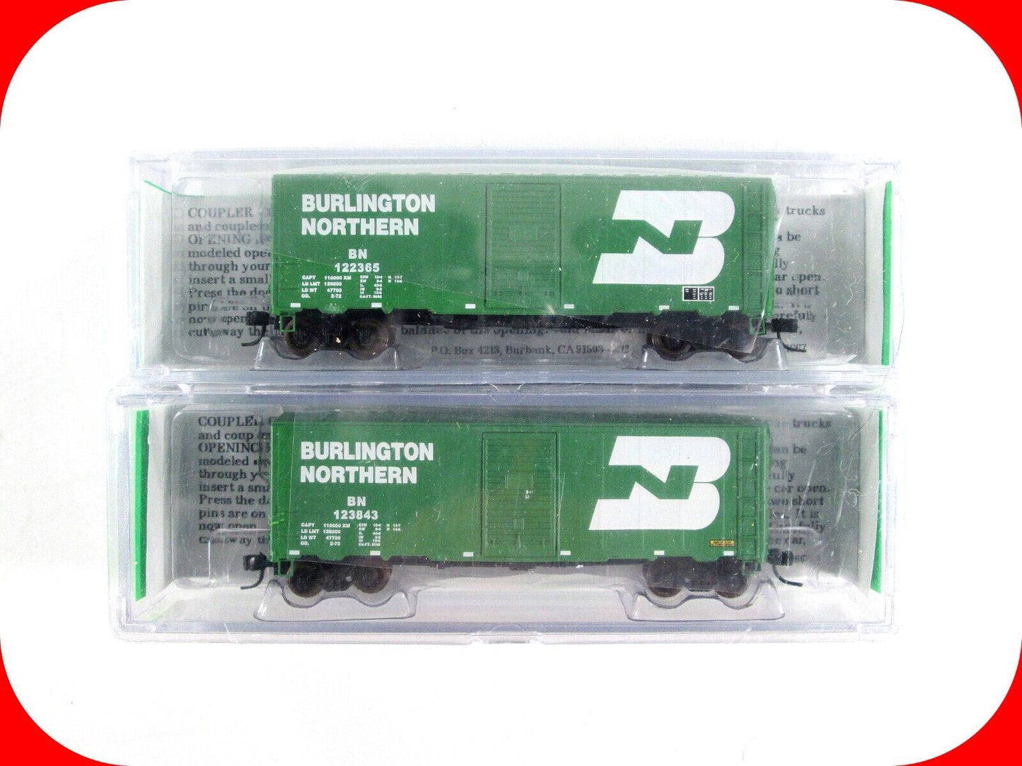 N Scale BURLINGTON NORTHERN 40' Box 2-Car Set - BN 122365, 123843 -Deluxe 130102