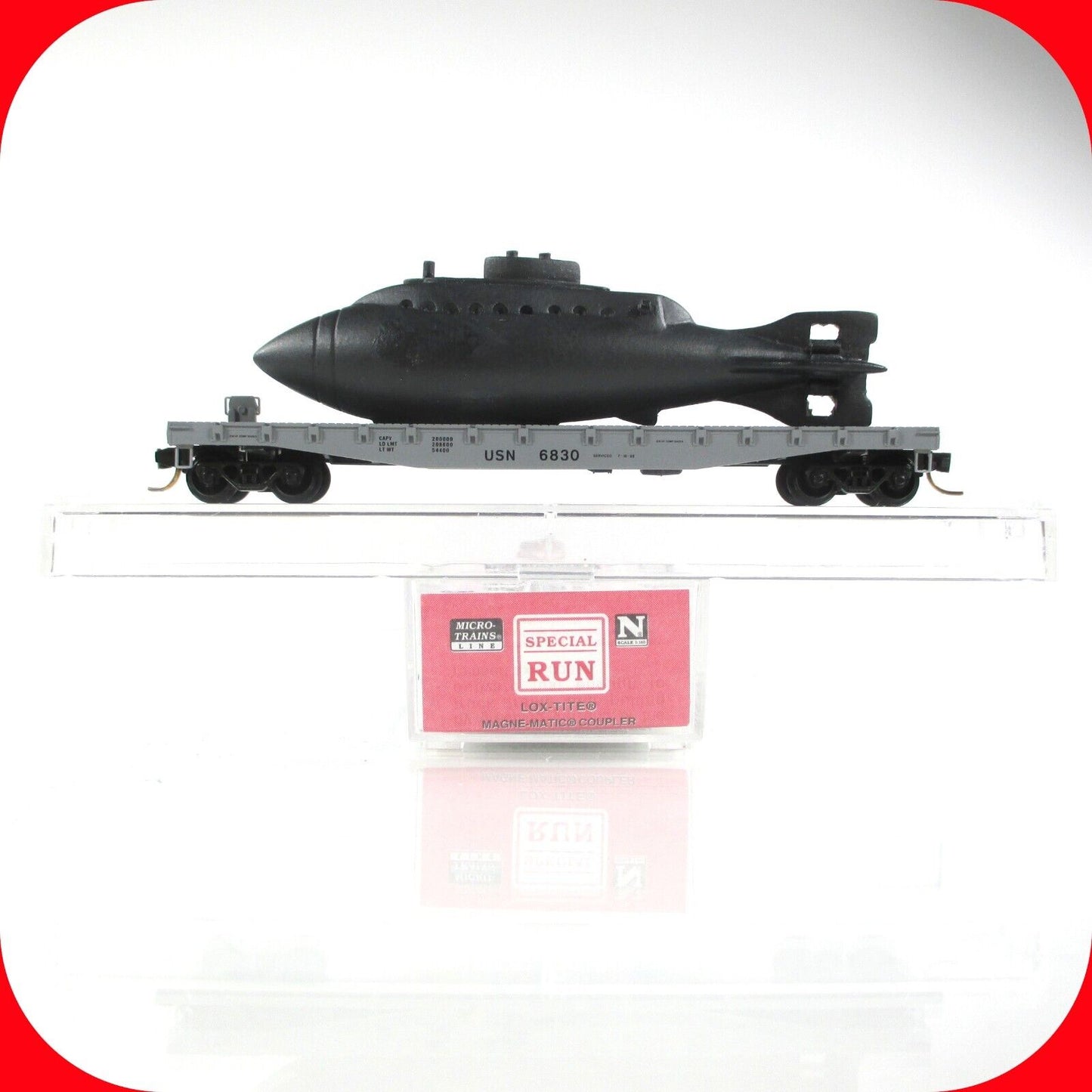 N Scale US NAVY Submarine on 50' Flat Car, USN 6830 - Micro Trains, Lowell Smith