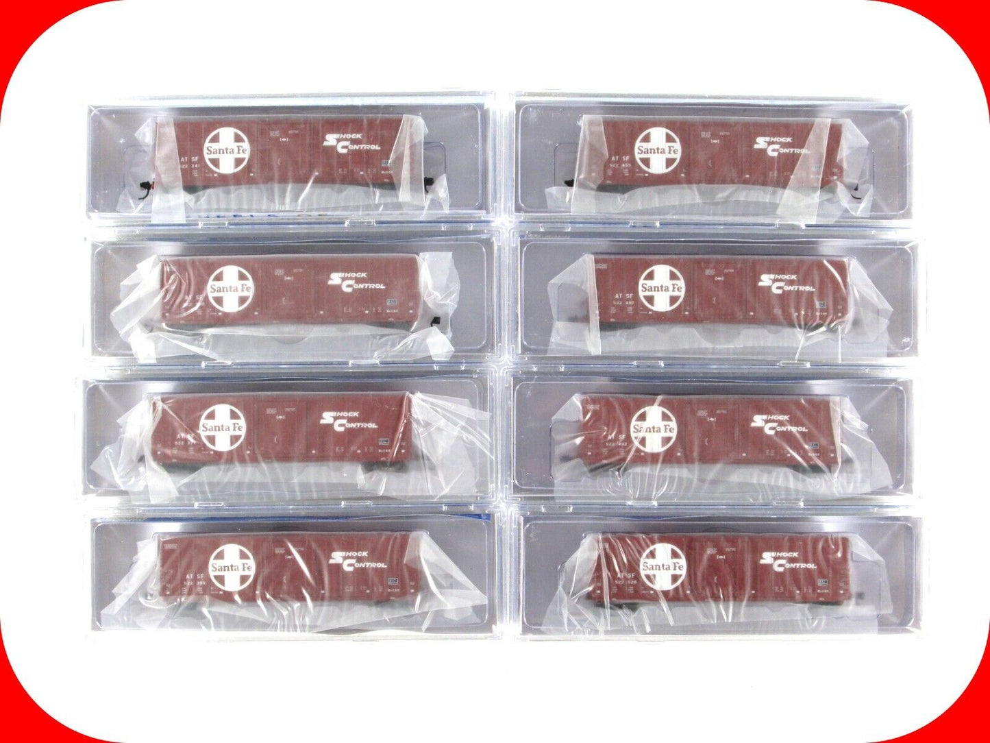 N Scale **SANTA FE** 50' Shock Control Box Car 8-Pack Set, WHEELS of TIME *RARE*