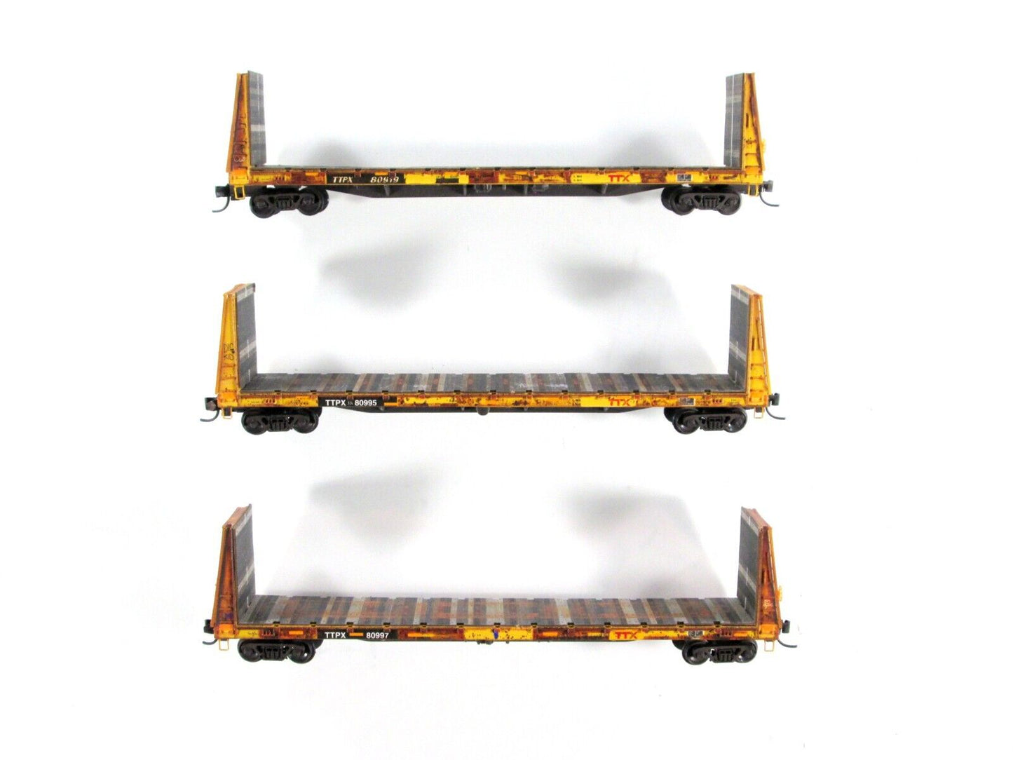 N Scale TTX WEATHERED 61' Bulkhead Flat Car 3-Pack Set - Micro Trains 993 05 560